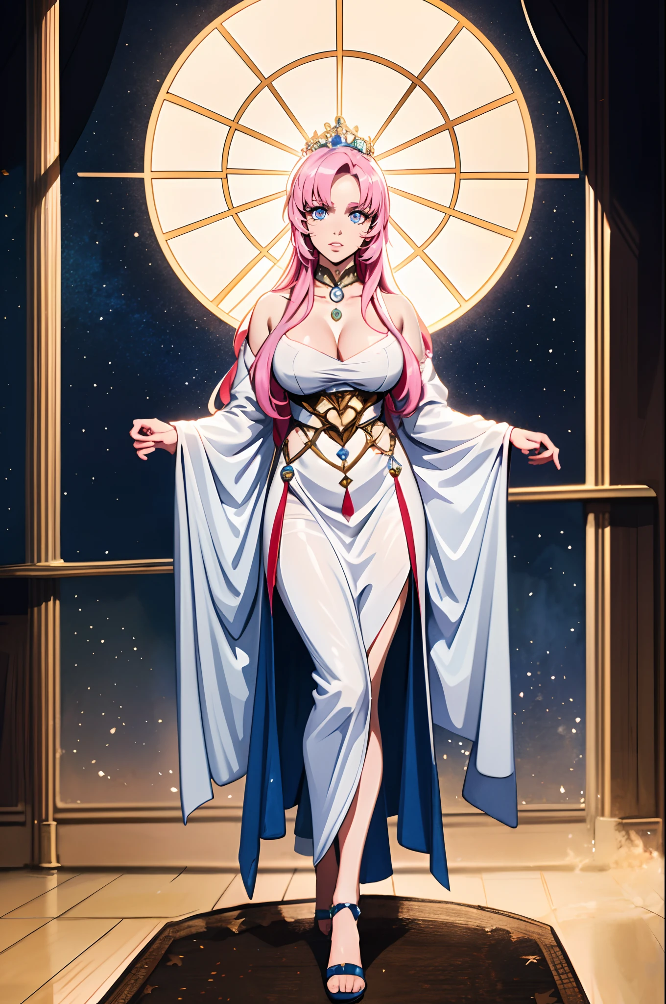 Tenjou Utena,big breast, , female,fantasy goddess,there is a cartoon picture of a woman with a very large breast, glowing angelic being, glowing holy aura, inspired by Luma Rouge, the non-binary deity of spring, ethereal rainbow nimbus, the butterfly goddess of fire, inspired by Marie Angel, glowing aura around her, astral fairy, as the goddess of the sun, “uwu the prismatic person, big breast, happy, beautiful eyes, , full body, walking, long robe, long dre, catgirlss,, priestess ,holy, smile, long dress, brown hair, female,red eyes, black robe with stars symbolism, full body, flipflops,(best quality,4k,8k,highres,masterpiece:1.2),ultra-detailed,(:1.37),black robe with blue stars simbolism, girl with queen crown,beautiful detailed eyes,beautiful detailed lips,extremely detailed eyes and face,longeyelashes,golden crown adorned with diamonds,glowing blue stars on the robe,glittering pearls entwined in hair,royal purple backdrop,sparkling tiara,rich textures and fabrics,regal posture,confident expression,majestic aura,ethereal lighting,hauntingly beautiful atmosphere,elegant and magical,enchanted garden in the background,floating golden particles,subtle reflections on the crown,sublime tranquility,depth and mystery,sophisticated and regal,impeccable attention to detail,captivating and enchanting,ethereal and divine,fantasy-inspired artwork,dreamlike and surreal,celestial beauty and elegance,dark and mysterious,royal and majestic vibes,meticulous craftsmanship,vivid colors,whimsical and otherworldly., darks clothes, woman-medieval-clothes, pink hair, long skirt
