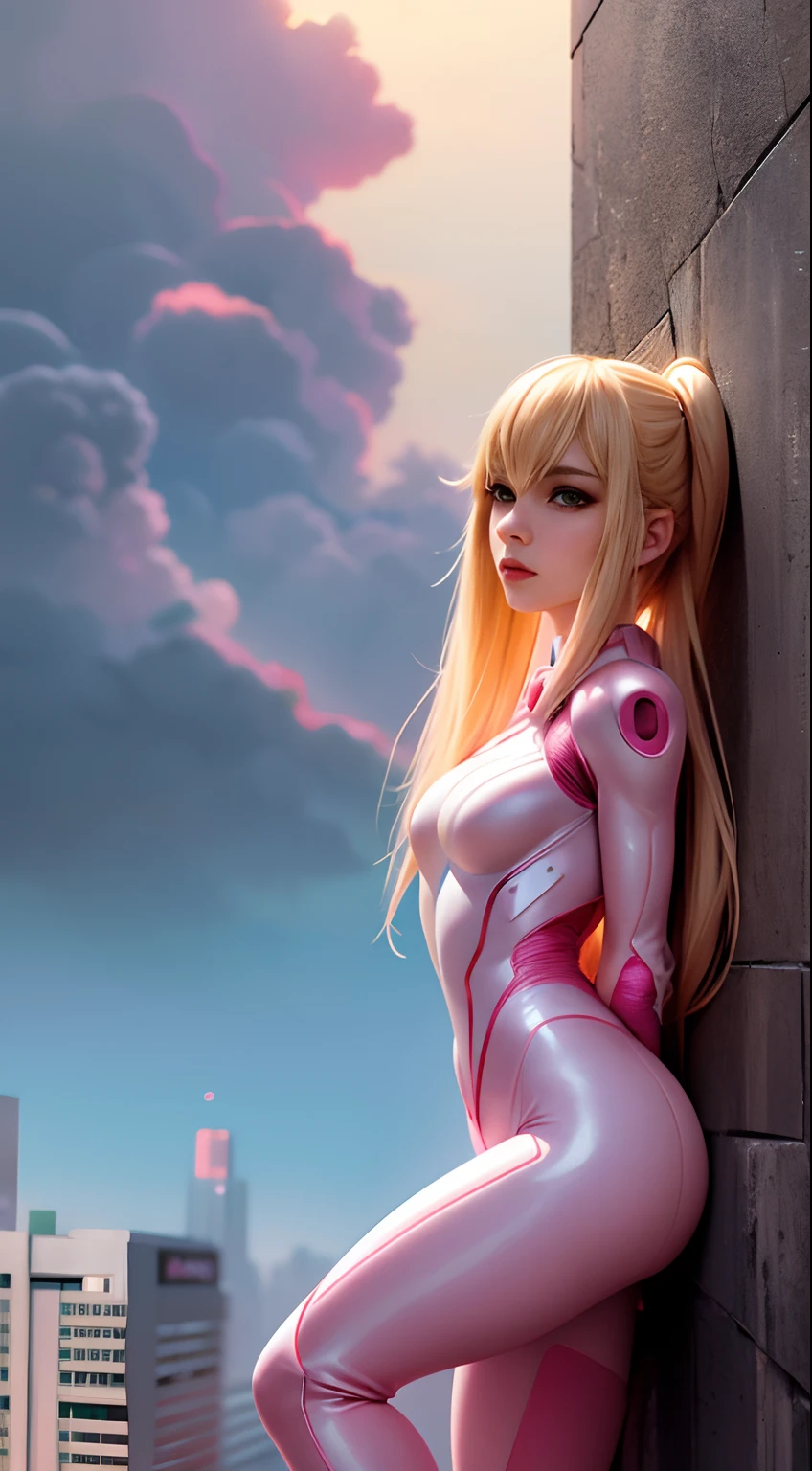blond haired woman in a pink and white costume sitting on a ledge, ( ( apocalyptic ) ), cyber suit, gwen stacy, inspired by Yanjun Cheng, yanjun chengt, ross tran 8 k, realistic cosplay future anime, cybersuit, futuristic style anime, perfect android girl, cybersuits