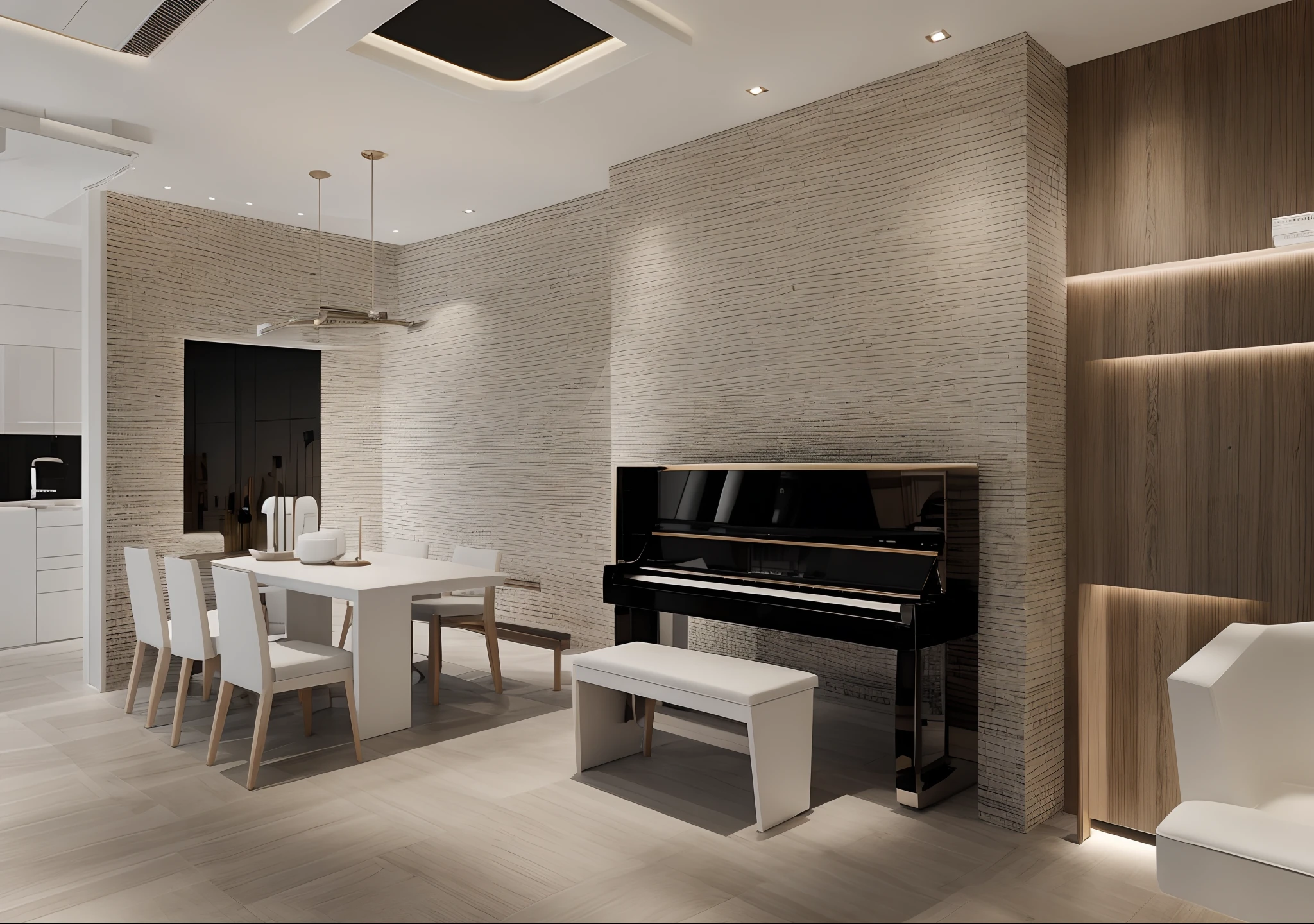 scandinavian style, livingroom, piano, dinning, luxury interior, minimalist, black, wood and white color main