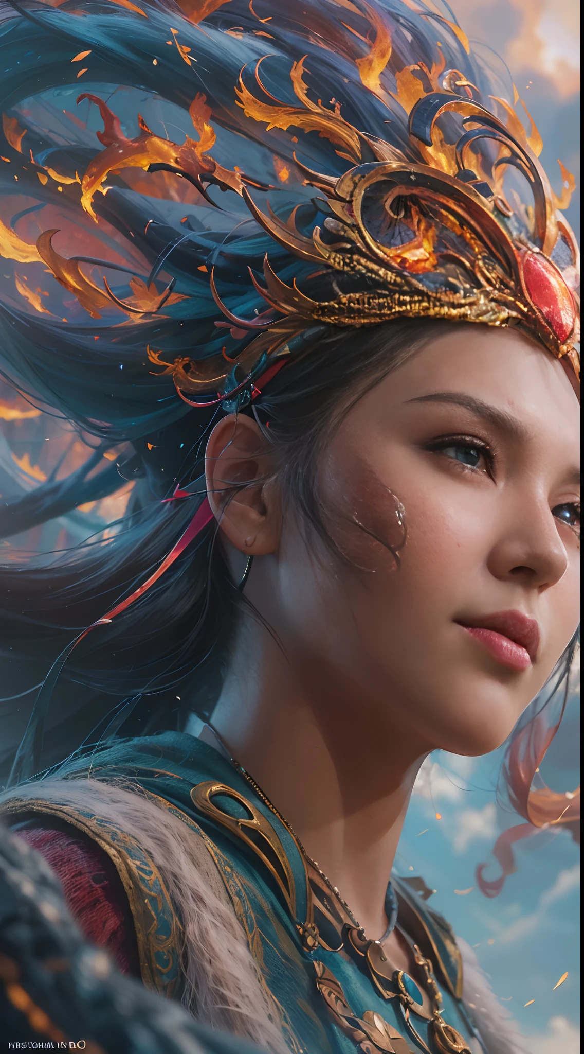 ((8k, realistic, ultra detail face, ultra detail body, colorfull)), 1 girl, sorcerrer, flying in the sky, chanting firestorm magig, thunder everywhere, flying fore dragon in the background