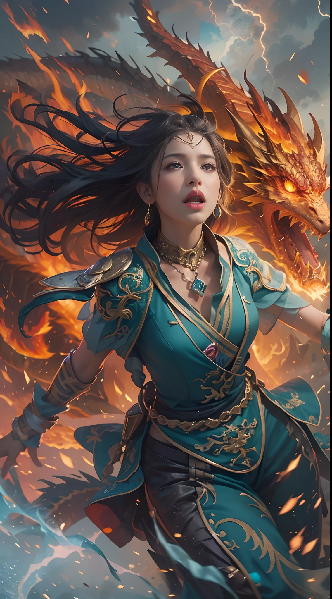 ((8k, realistic, ultra detail face, ultra detail body, colorfull)), 1 girl, sorcerrer, flying in the sky, chanting firestorm magig, thunder everywhere, flying fore dragon in the background