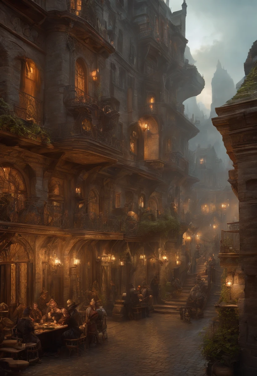 fantasy art, Ultrawide shot, painting, detailed , deviantart, contest winner, concept art, , tim hildebrandt, fantasy, ((((steampunk city)))) , , night time , , fantastic realism, artstation ,, style of Adrianus Eversen ,not aesthetic architecture, Movie Still,greg rutkowski, Create a scenery reminiscent of the inception movie, where reality becomes a labyrinth of shifting architecture and gravity-defying landscapes. Embrace the surreal and mind-bending nature of the concept, crafting a scene that challenges perception. Use intricate details and dynamic design to immerse the viewer in a world where the laws of physics are rewritten. Portray the sense of awe and disorientation that the inception movie evoked.