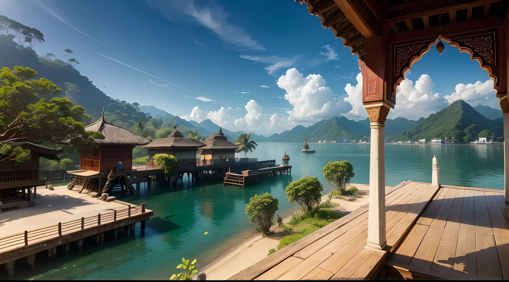 Dock of SouthEast Asia, Indonesia, Either indian-muslim style or muslim style or Indonesia medieval style, , mixture of muslim and indian style, 15th cenutry, medieval age, exterior, india and hinduism element in each architecture, muslim doom shape yellow roof, humid and wet and hot climate, SouthEast Asia archipelago scenery, palm trees