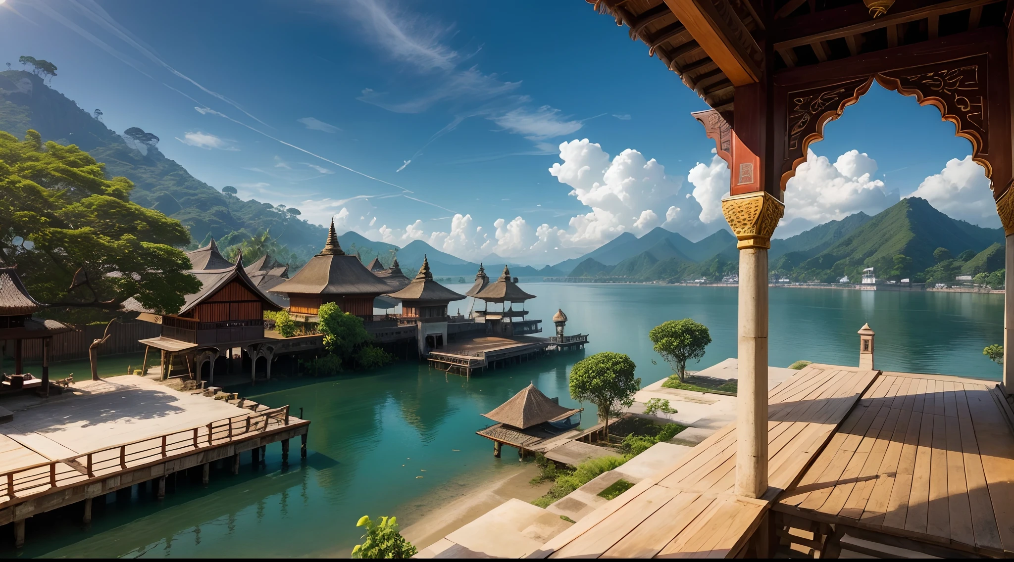 Dock of SouthEast Asia, Indonesia, Either indian-muslim style or muslim style or Indonesia medieval style, , mixture of muslim and indian style, 15th cenutry, medieval age, exterior, india and hinduism element in each architecture, muslim doom shape yellow roof, humid and wet and hot climate, SouthEast Asia archipelago scenery, palm trees