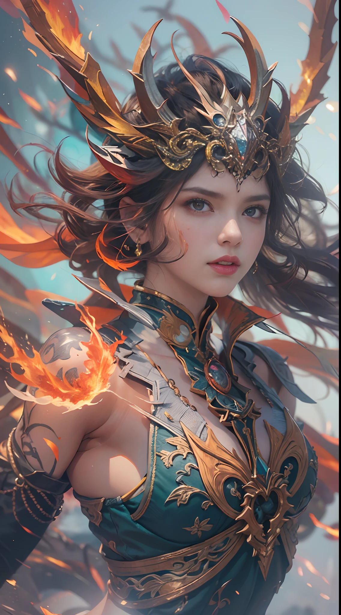((8k, realistic, ultra detail face, ultra detail body, colorfull)), 1 girl, sorcerrer, flying in the sky, chanting firestorm magig, thunder everywhere, flying fore dragon in the background