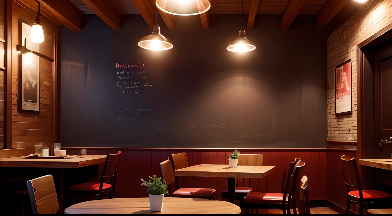 Small restaurant,The table,Warm lights,Wooden chair,red velvet,it is night