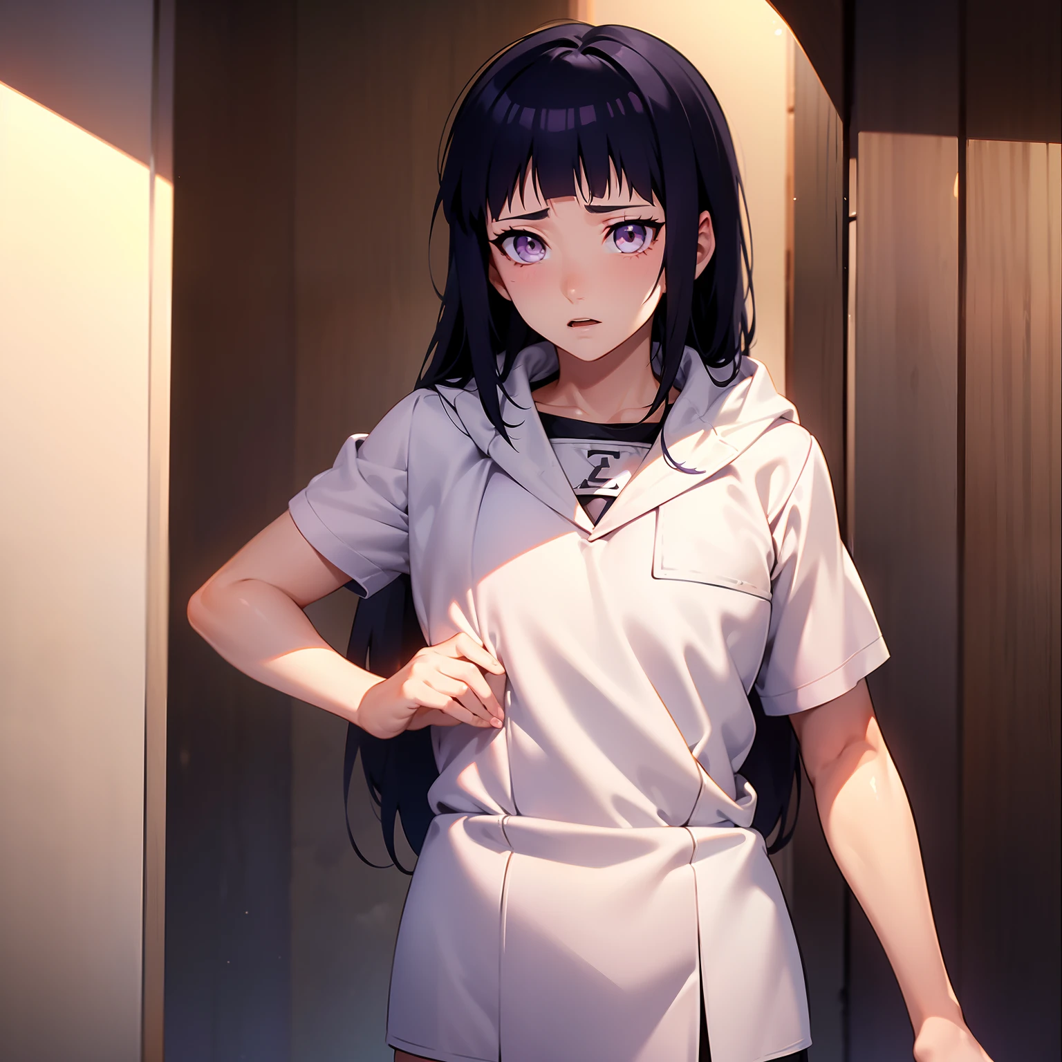 Hinata Hinata，A white towel wrapped around the chest，The state of just taking a bath，White eyes，Modern rental housing，Panicked expression，Summoned by the protagonist of Hokage World to the room where the protagonist is