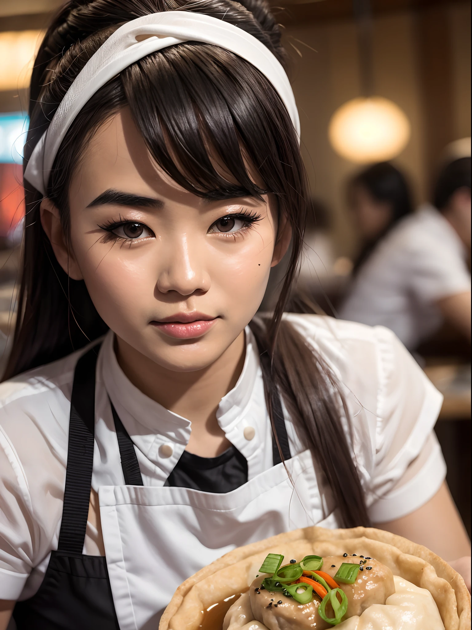 steamy banh bao served by a beautiful waitress who loves to serve, extremely detailed face and eyes, absurdes, dynamic shadows