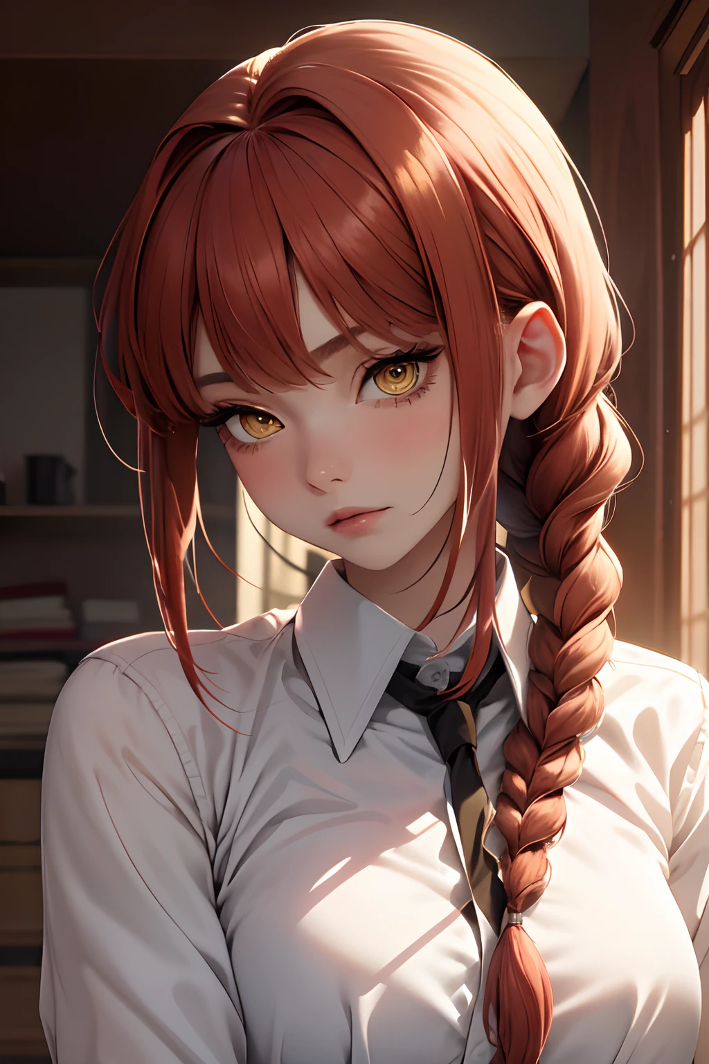 (Masterpiece, Best quality), 1girll, Beautiful face, makima, shirt, Braid, braidedponytail, Collared shirt, White shirt, tiese