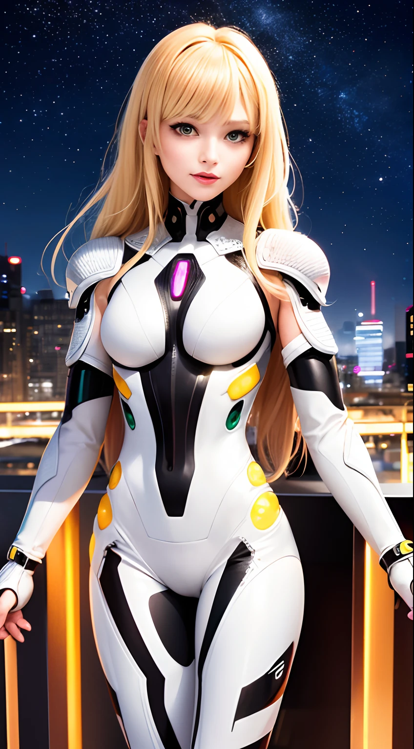 blond haired woman in a multi color and multi pattern costume. A logical costum. A shining, luminous costum ( apocalyptic ) ), cyber suit, inspired by every master artist combined. In high-definition 8 k, realistic cosplay future anime, cybersuit, futuristic style anime, perfect android girl, cybersuits