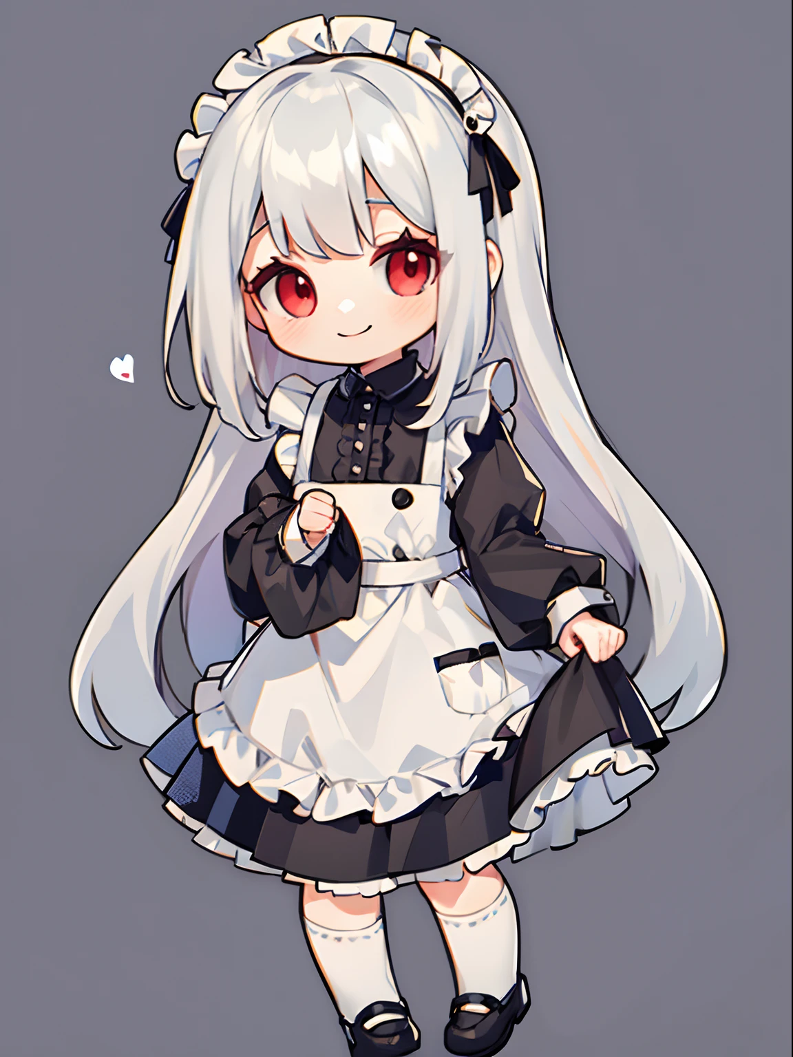 Silver-haired woman,Red Eyes,cute little,A smile,maid clothes,adolable,frilld,Long hair,a miniskirt,full body Esbian,cute background