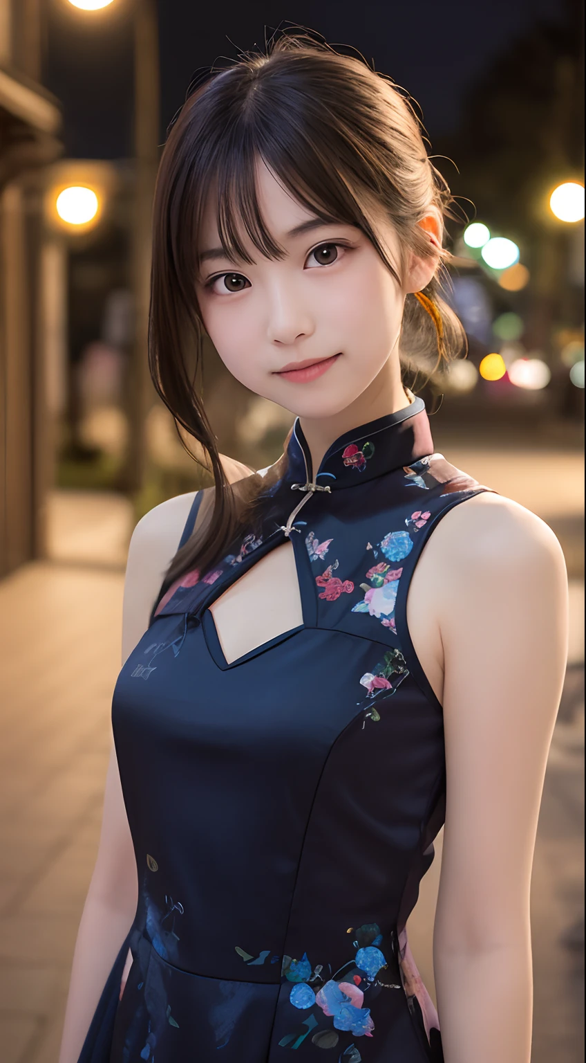 masutepiece, Best Quality, 8K, 15yo student, Teen, Raw photo, absurderes, award winning portrait, Smile, Solo, (Night:1.8), Idol face, violaceaess, Delicate girl, Upper body, Digital SLR, Looking at Viewer, Candid, Sophisticated,Thin arms, Professional Lighting, Film grain, chromatic abberation, (Eyes and faces with detailed:1.0), (Bokeh:1.1) , (qipao dress:1.1) , closes mouth