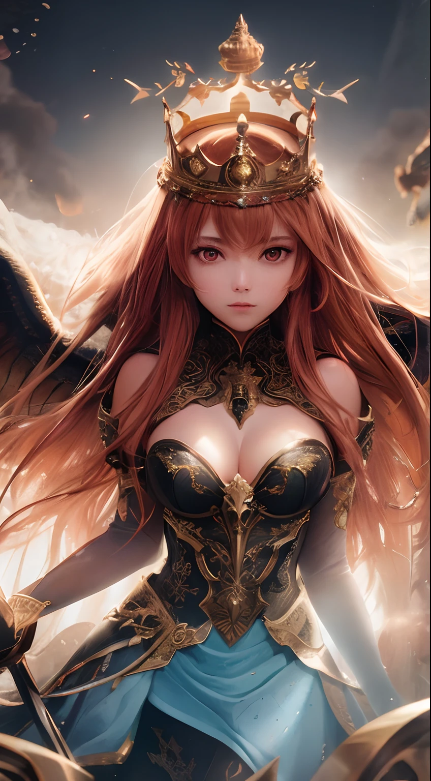 chromatic aberration, depth of field, soft lighting, masterpiece, best quality, intricate, tone mapped, highly detailed, artstation, concept art, smooth, sharp focus, dramatic lighting, highly detailed artwork, cinematic, hyper realistic painting, trending on Artstation, 8K, incredible shadows, realistic, (highly detailed background:1.0), a demon princess floating above the hordes of hell, she commands the army with her mighty trumpet, she wears a crown covered in lava, her glowing red eyes are on fire