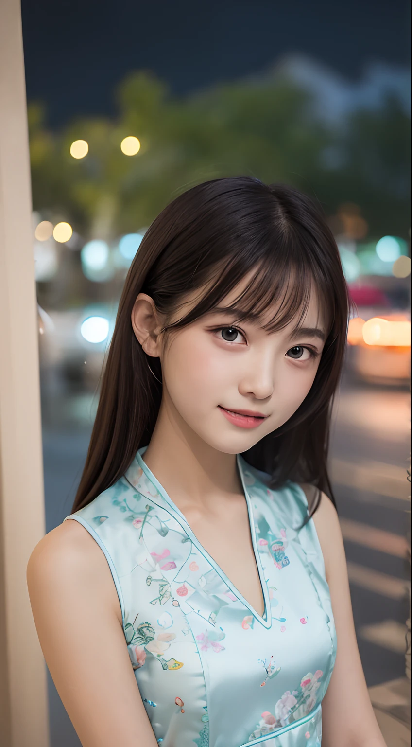 masutepiece, Best Quality, 8K, , Teen, Raw ph absurderes, award winning portrait, Smile, Solo, (Night:1.8), Idol face, violaceaess, Delicate girl, Upper body, Digital SLR, Looking at Viewer, Candid, Sophisticated,Thin arms, Professional Lighting, Film grain, chromatic abberation, (Eyes and faces with detailed:1.0), (Bokeh:1.1) , (qipao dress:1.1) , closes mouth