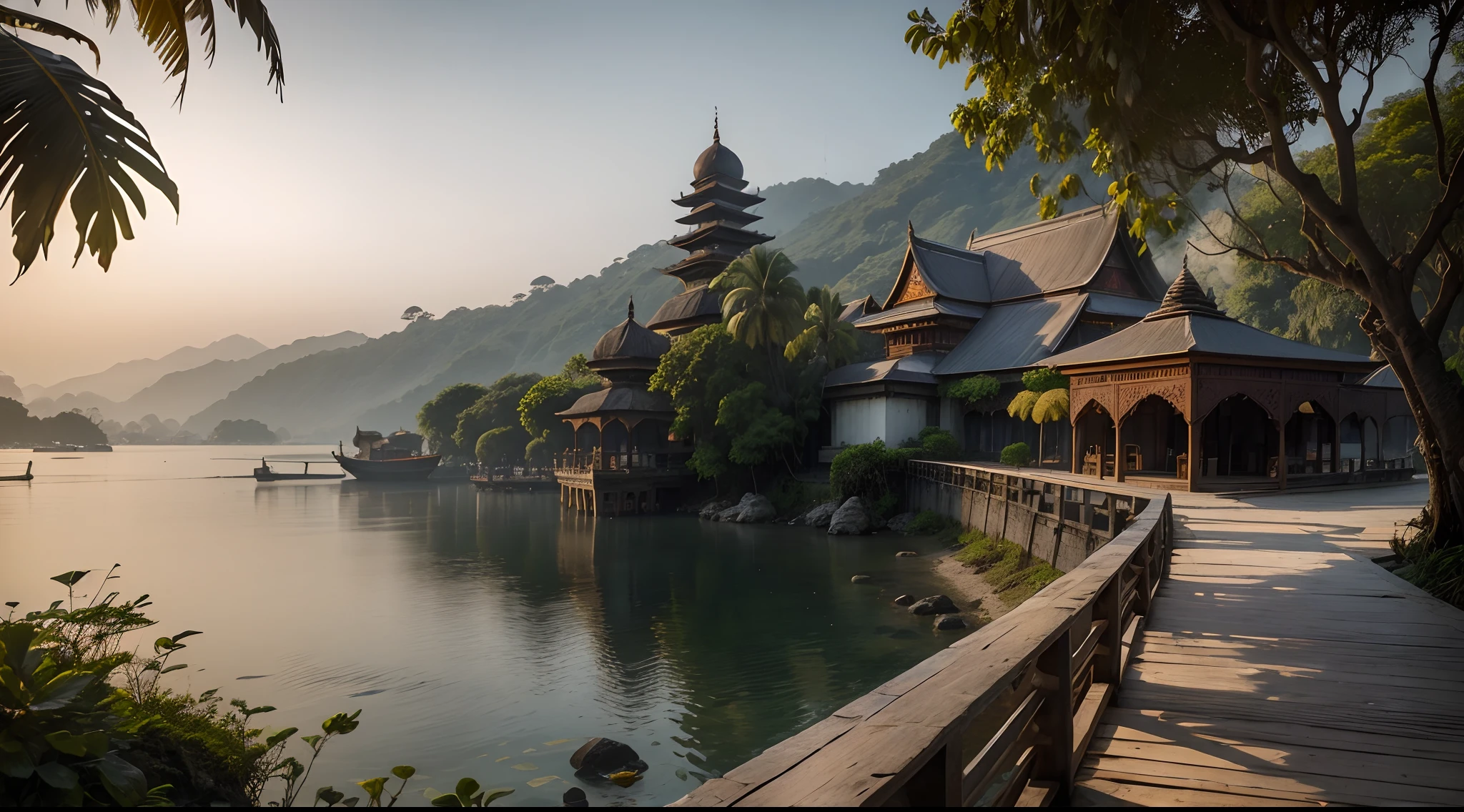 Dock of SouthEast Asia, Indonesia, Either indian-muslim style or muslim style or Indonesia medieval style, , mixture of muslim and indian style, 15th cenutry, medieval age, exterior, india and hinduism element in each architecture, muslim doom shape yellow roof, humid and wet and hot climate, SouthEast Asia archipelago scenery, palm trees