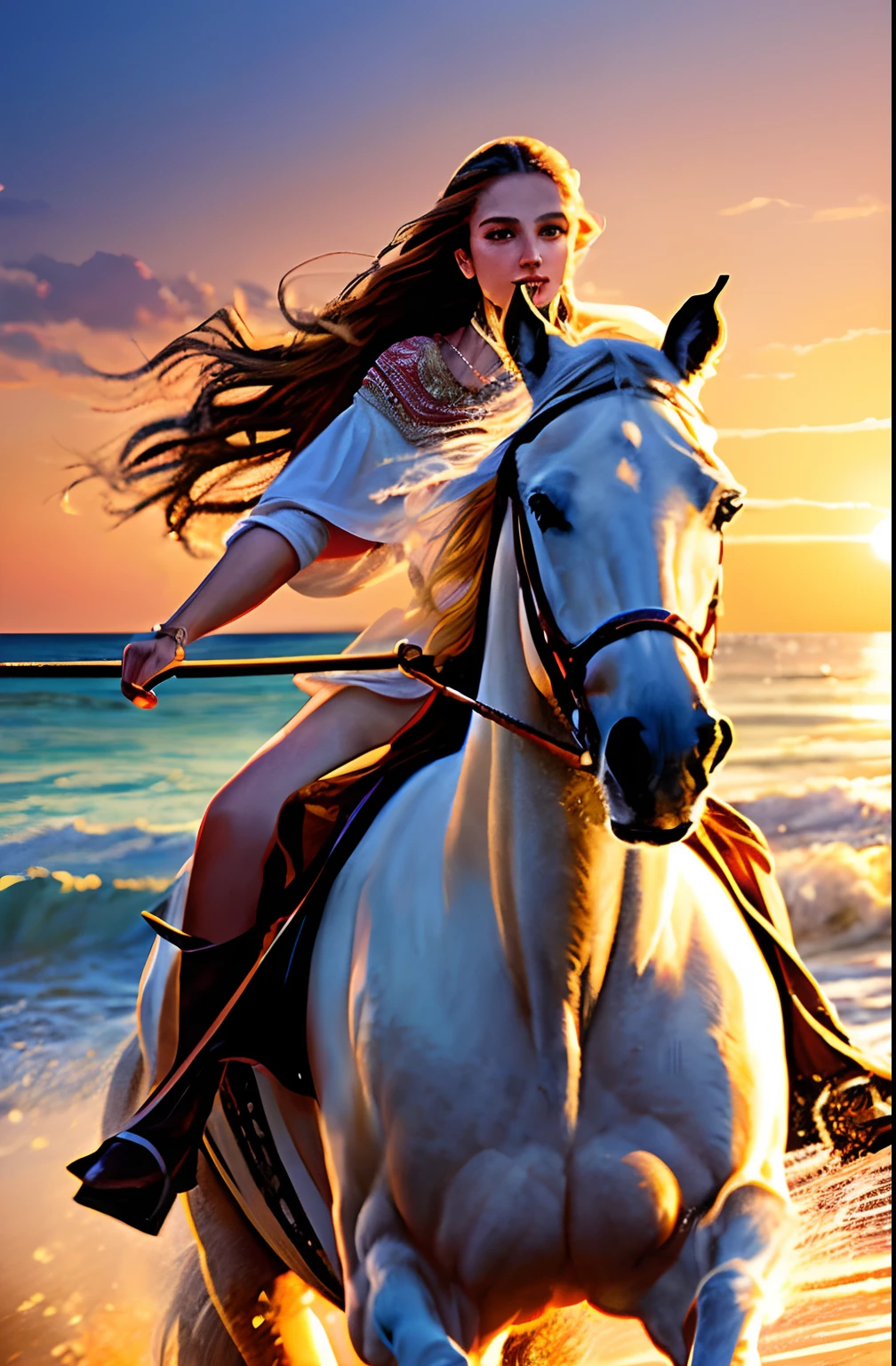 beautiful woman,riding a horse,beach,windy weather,sunset,golden light,epic scenery,flowing mane,flying cape,graceful horse movements,peaceful atmosphere,dynamic horseback riding,strong connection between woman and horse,enjoying the moment,serene expression,seagulls flying in the background,splashing waves,soft sand,harmonious colors,mesmerizing beauty,vibrant sunset hues,ethereal atmosphere,highly detailed,realistic painting style,impeccable horse anatomy,delicate facial features,luminous eyes,rosy lips,flowing dress,dramatic lighting,masterpiece:1.2