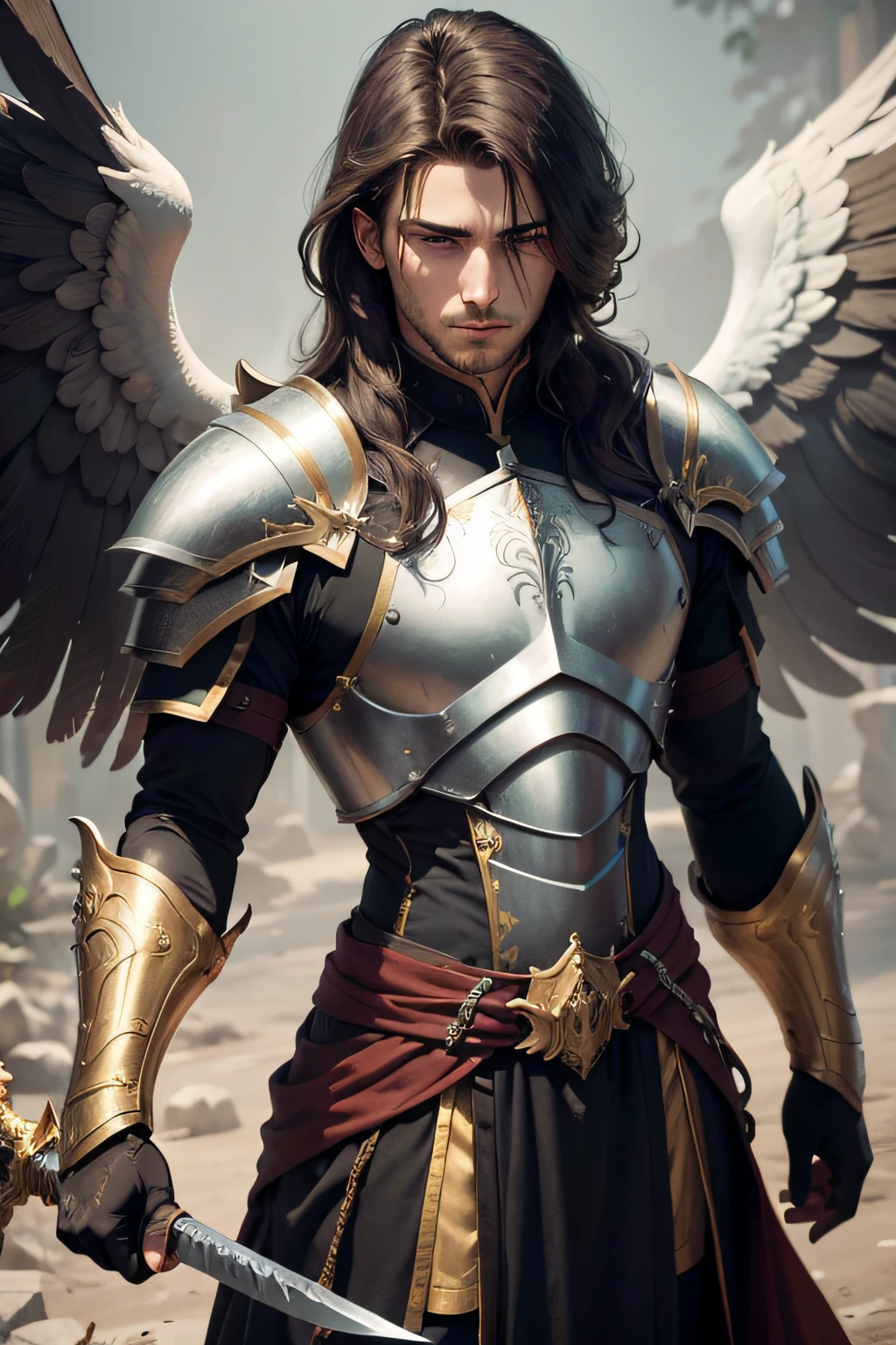 (best quality,highres,masterpiece:1.2),ultra-detailed,realistic, Male dark brown hair, detailed face with a golden scar, intense green eyes, wearing plate armor, holding a greatsword, large sword, white angel wings on his back, exuding a righteous aura, signifies a paladin. The plate armor is beautifully crafted, reflecting the light and casting shadows. The angel wings are sturdy yet delicate, with each feather intricately designed. The facial expression is noble and determined, showcasing his unwavering dedication to justice. The color palette is dominated by cool tones, enhancing the calm and noble atmosphere. The lighting is soft but with a touch of brightness, illuminating the scene with a divine glow, white wings.