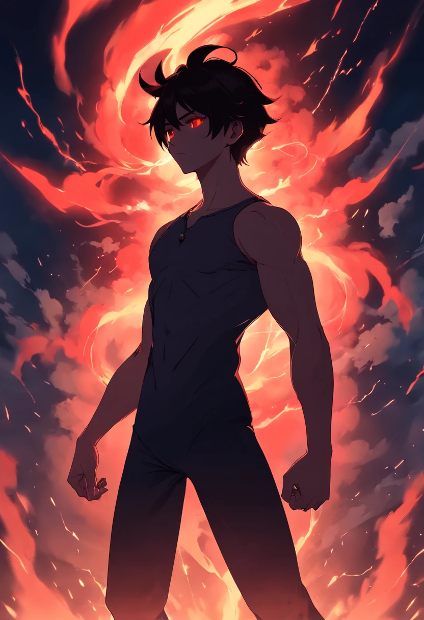 masterpiece, best quality, 1man, mad demon, face to face, black smoke, silhouette, red aura, red eyes,  glowing eyes, small horns, red horns, black shirt, muscular, red lightning, glowing lightning,