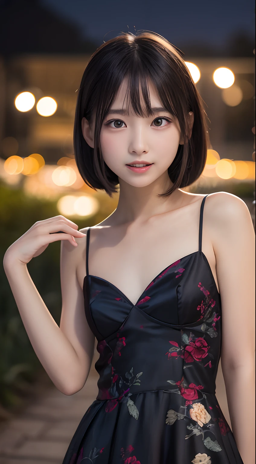 masutepiece, Best Quality, 8K, 10yo student, Teen, Raw photo, absurderes, award winning portrait, Smile, Solo, (Night:1.8), Idol face, violaceaess, Delicate girl, Upper body, Digital SLR, Looking at Viewer, Candid, Sophisticated,Thin arms, Professional Lighting, Film grain, chromatic abberation, (Eyes and faces with detailed:1.0), (Bokeh:1.1) , (qipao dress:1.0) , closes mouth