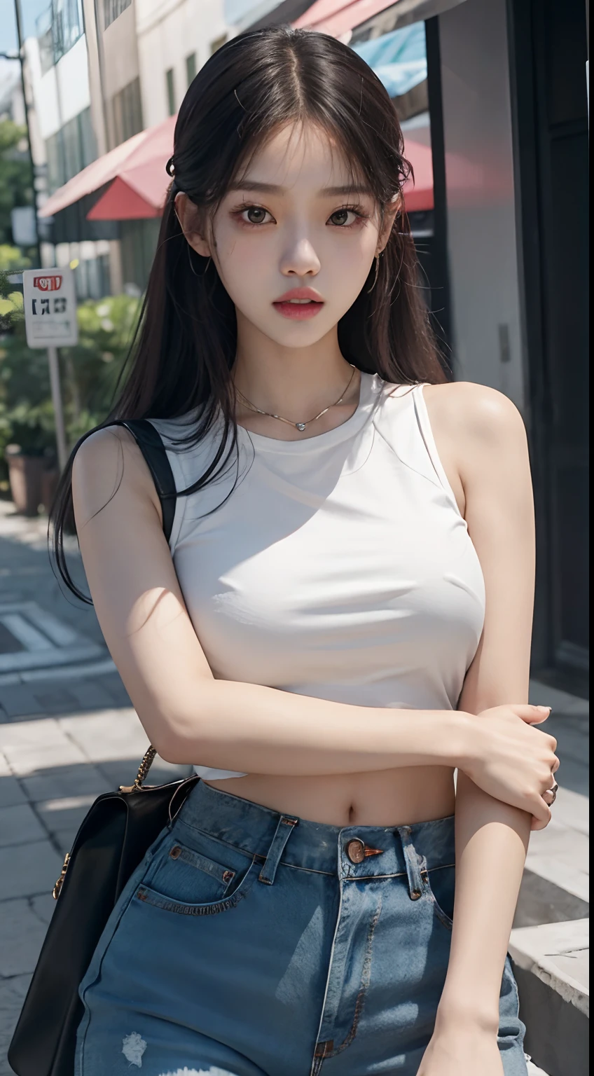 Girl posing for photo in white bra and tight denim, upper body, with cropped t-shirt, bra and streetwear, slim figure, oversized bust, slim girl model, 24 year old female model,