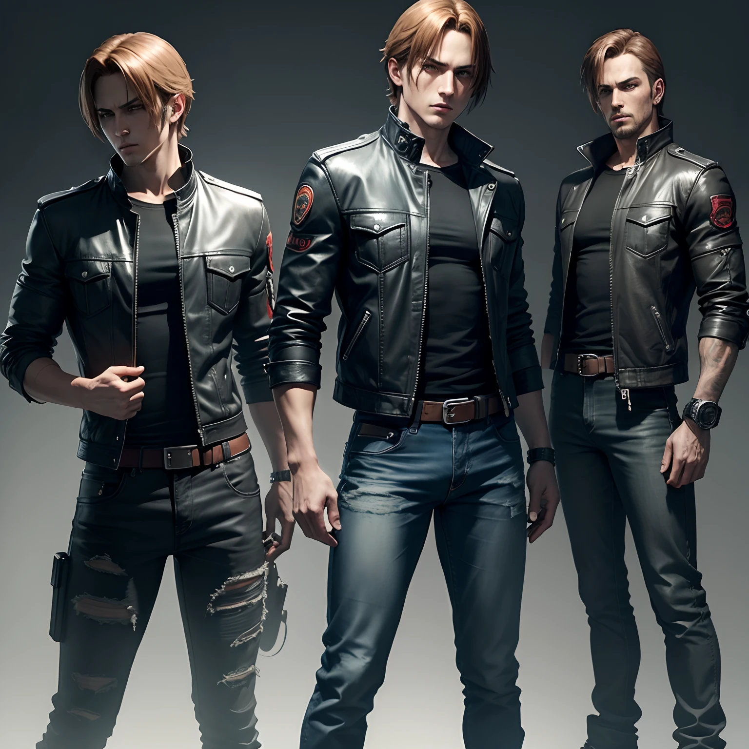 Leon kennedy look like gaming character for fighting game full body, black outfit cool jacket And blue jean