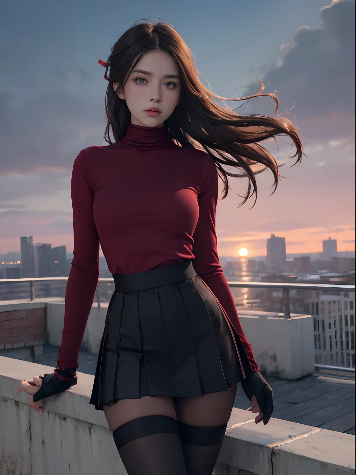Candid Shot At Girl Picture, Volumetric Lighting, Best Shadows, Shallow Depth of Field, Portrait Of Stunningly Beautiful Girl, Delicate Beautiful Attractive Face With Alluring Sharp Blue Eyes, Sharp Eyebrows, Enjoying The Scenery, Closed Mouth, Lovely Medium Breasts, Layered Long Black Two-Side Up Hair, Windswept Hair, Hair Ribbon, Blush Eyeshadow, Thick Eyelashes, Cross On The Red Turtleneck Shirt, Long Sleeve, Slim Waist, Black Short Pleated Skirt, Thigh Gap, Black Thigh-High Stockings, Red Sky At Night, Clouds, School Rooftop, Under Red Moon, Rooftop Guardrails, Villagescape, Facing Away, Side View of Leaning On Railing, Shoulder Blades, (Highest Quality, Amazing Details:1.25), (Solo:1.3), Brilliant Colorful Paintings