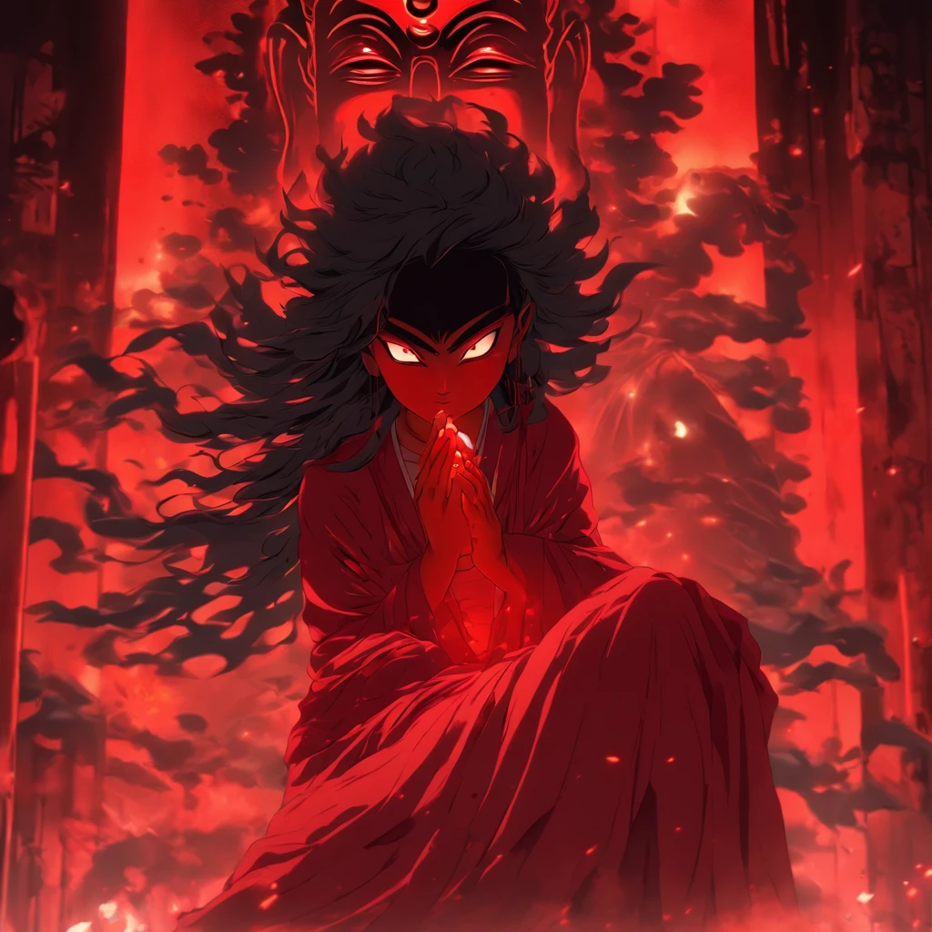Blood red room, Flashing white TV screen, BUDDHA STATUE, cabelos preto e longos, with hair dishevelled, Cover one eye and face, Bright red eyes, Wearing a white transparent robe, Looming full breasts,liquor,Devil， reaching out her hands，Straighten your body, Red nails are exposed, Pinch the camera, hyper HD, Anatomically correct, Textured skin, Super detail, High details, High quality, A high resolution, 8K, hyper HD, Anatomically correct, Textured skin, Super detail, High details, High quality, Best quality, 8K,Leishnampo,Room 2,Horror