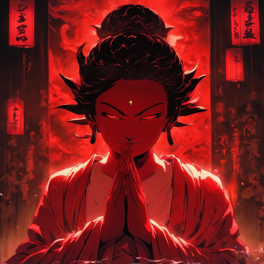 Blood red room, Flashing white TV screen, BUDDHA STATUE, cabelos preto e longos, with hair dishevelled, Cover one eye and face, Bright red eyes, Wearing a white transparent robe, Looming full breasts,liquor,Devil, reaching out her hands,Straighten your body, Red nails are exposed, Pinch the camera, hyper HD, Anatomically correct, Textured skin, Super detail, High details, High quality, A high resolution, 8K, hyper HD, Anatomically correct, Textured skin, Super detail, High details, High quality, Best quality, 8K,Leishnampo,Room 2,Horror