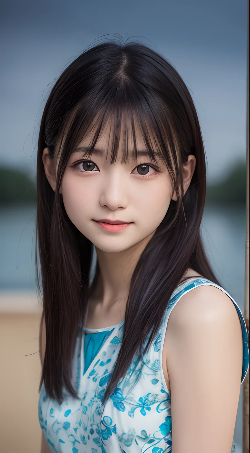 masutepiece, Best Quality, 8K, 8ars old, Raw photo, absurderes, award winning portrait, Smile, Solo, (Night:1.8), Idol face, Delicate girl, Upper body, Digital SLR, Looking at Viewer, Candid, Sophisticated,Thin arms, Professional Lighting, Film grain, chromatic abberation, (Eyes and faces with detailed:1.0), (Bokeh:1.1) , (shirt:1.1) , closes mouth , A dark-haired , drooing eyes , Average-sized breasts , (put your hands behind your back , up chest:1.1)