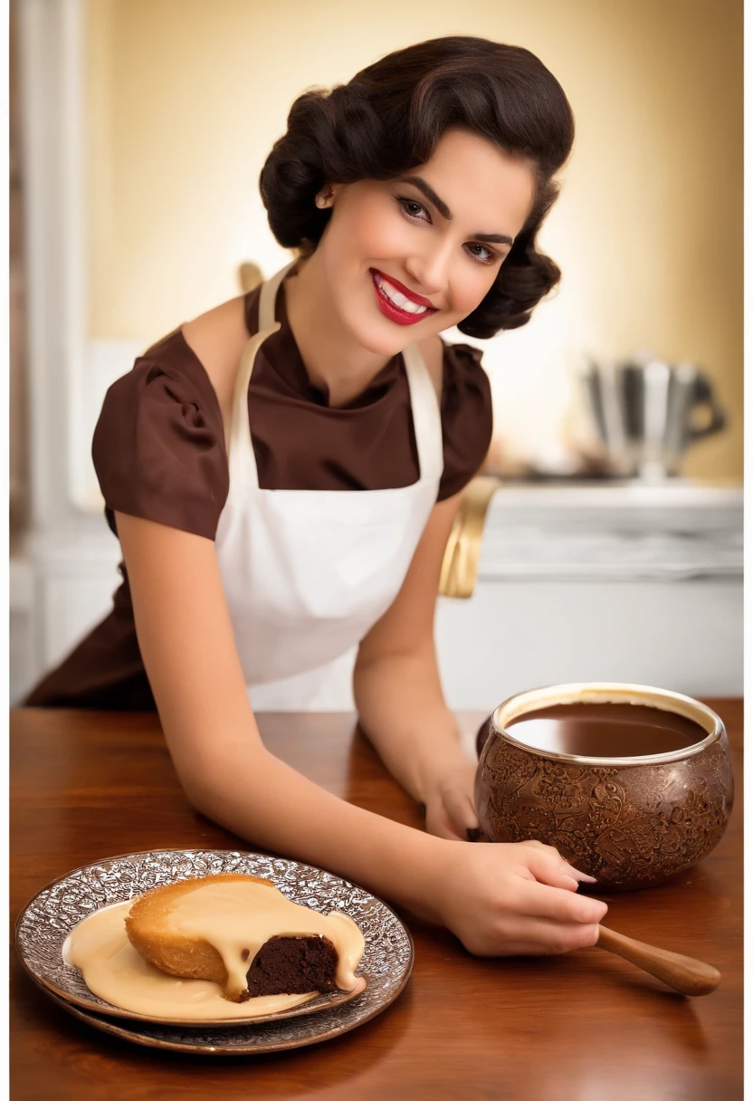a girl holding a spoon, a brigadeiro on the spoon, a chocolate ganache, a creamy texture, glossy surface, dark brown color, shiny appearance, smooth and velvety, deliciously sweet, indulgent treat, mouth-watering dessert, traditional Brazilian sweet, rich and decadent, bite-sized delight, handmade delicacy, popular party food, a delightful snack, gooey and fudgy, appetizing presentation, sweet tooth satisfaction, tempting and irresistible