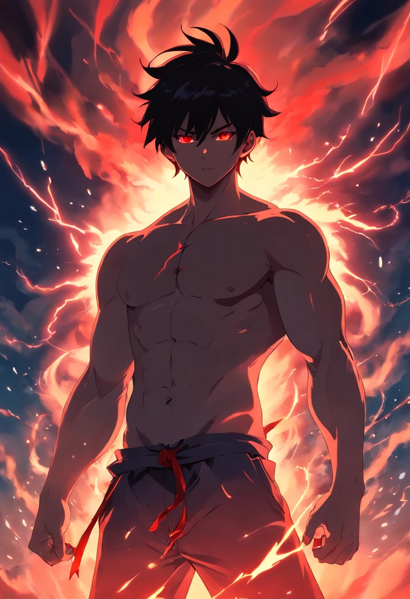 masterpiece, best quality, 1man, mad demon, face to face, black smoke, silhouette, red aura, red eyes, glowing eyes, small horns, red horns, black tang top, muscular, ripped, red lightning, glowing lightning,