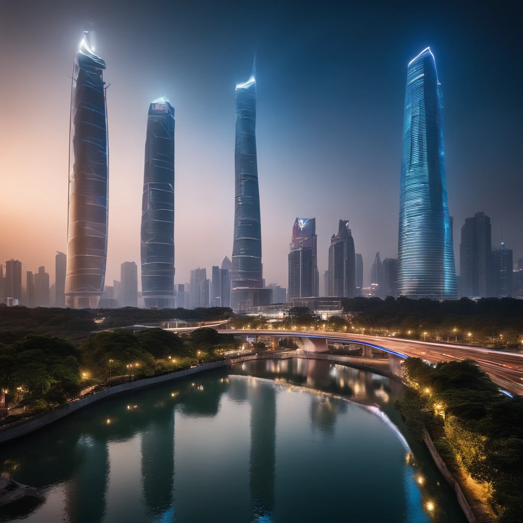 This is a color photograph of Guangzhou in 3023，The bustling metropolis of the future。Towering over the landscape、Brilliant skyscrapers stretch all the way to the sky，Its futuristic architectural style defies gravity。Holographic billboards refresh the cityscape，Vivid ads showing dancing in the air。Suspended vehicles speeding through the air，Leave strings of neon signs。The street below your feet is full of life。，Various races、All types of people are busy with their daily lives。The air is filled with the fusion of traditional Chinese melodies and futuristic electronic beats，Create a harmonious atmosphere where old and new blend together。Vibrant neon lights illuminate every corner of the city，The city is shrouded in softness、In the ethereal light。The entire atmosphere is filled with electricity，Let people feel progress and innovation。The camera captures this futuristic spectacle precisely and artistically，Show the perfect combination of Guangzhou science and technology culture in 3023。