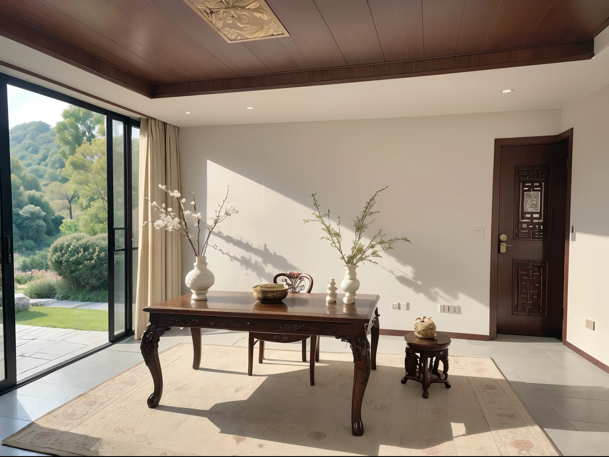 In a serene space, you find yourself transported back to the prosperous era of the Tang Dynasty. The elegant purplewood carved walls are embellished with golden silk threads, while the murals depict picturesque landscapes. A classic redwood Eight Immortals table stands in the center, adorned with porcelain and floral tea sets. Vibrant brocade and hand-embroidered cushions exude a subtle fragrance and understated luxury. The tranquil melodies of a qin instrument resonate from a hidden corner, immersing you in a dreamlike and poetic Tang Palace.
(best quality,4k,8k,highres,masterpiece:1.2),ultra-detailed,(realistic,photorealistic,photo-realistic:1.37),luxurious and exquisite,serene and enchanting,delicate craftsmanship,aesthetic ambiance,antique treasures,authentic oriental beauty,harmonious composition,picturesque scenery,subtle fragrance,colorful floral patterns,ornate carvings,traditional Chinese elegance,peaceful and secluded,romantic and nostalgic,vivid colors,soft lighting