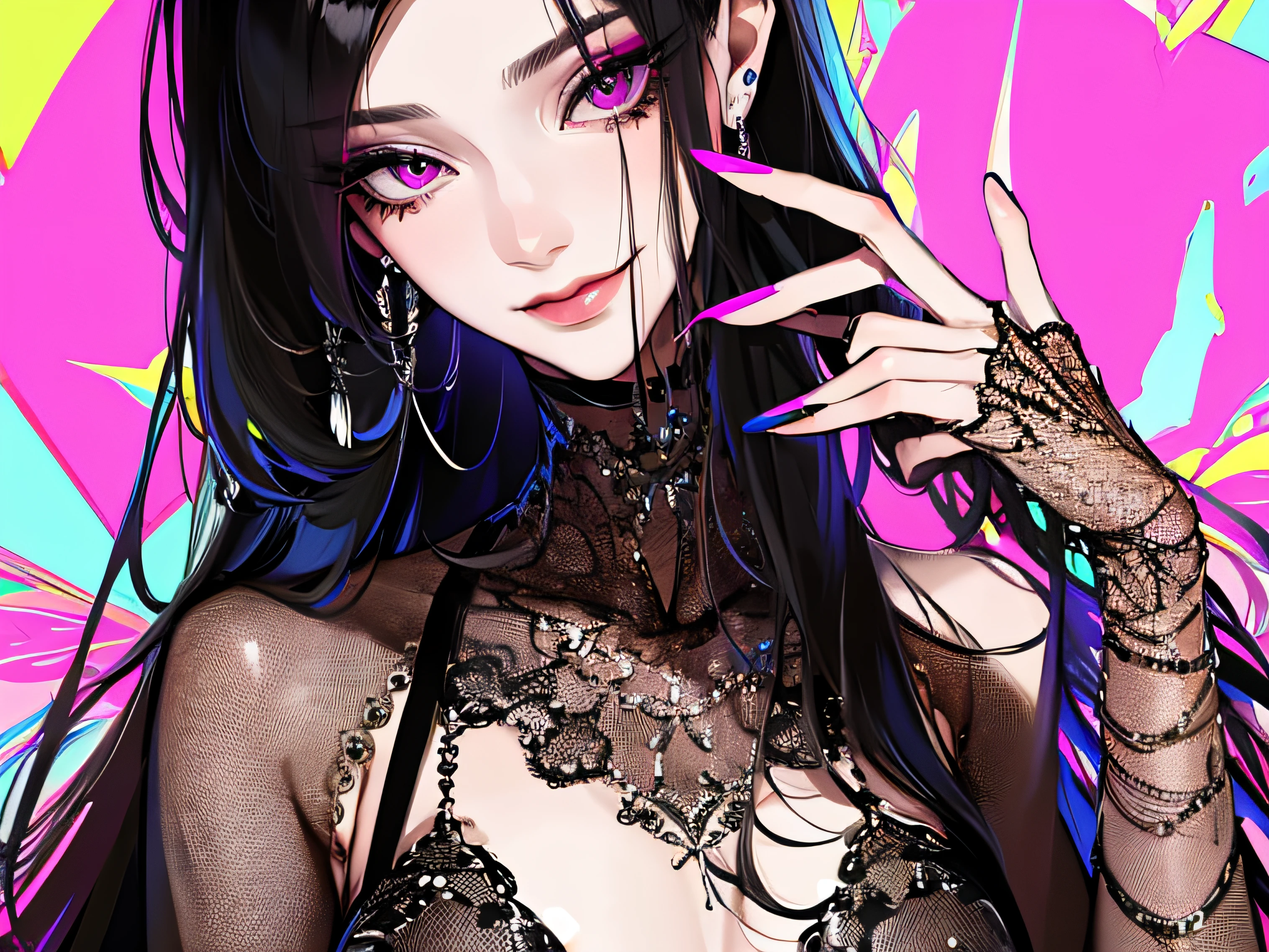 1girl,mature female,solo female,(masterpiece,best quality,detailed face,detailed background),jewellery,eyeliner,smirk,fashion model clothes,makeup,shiny long hair,neon background