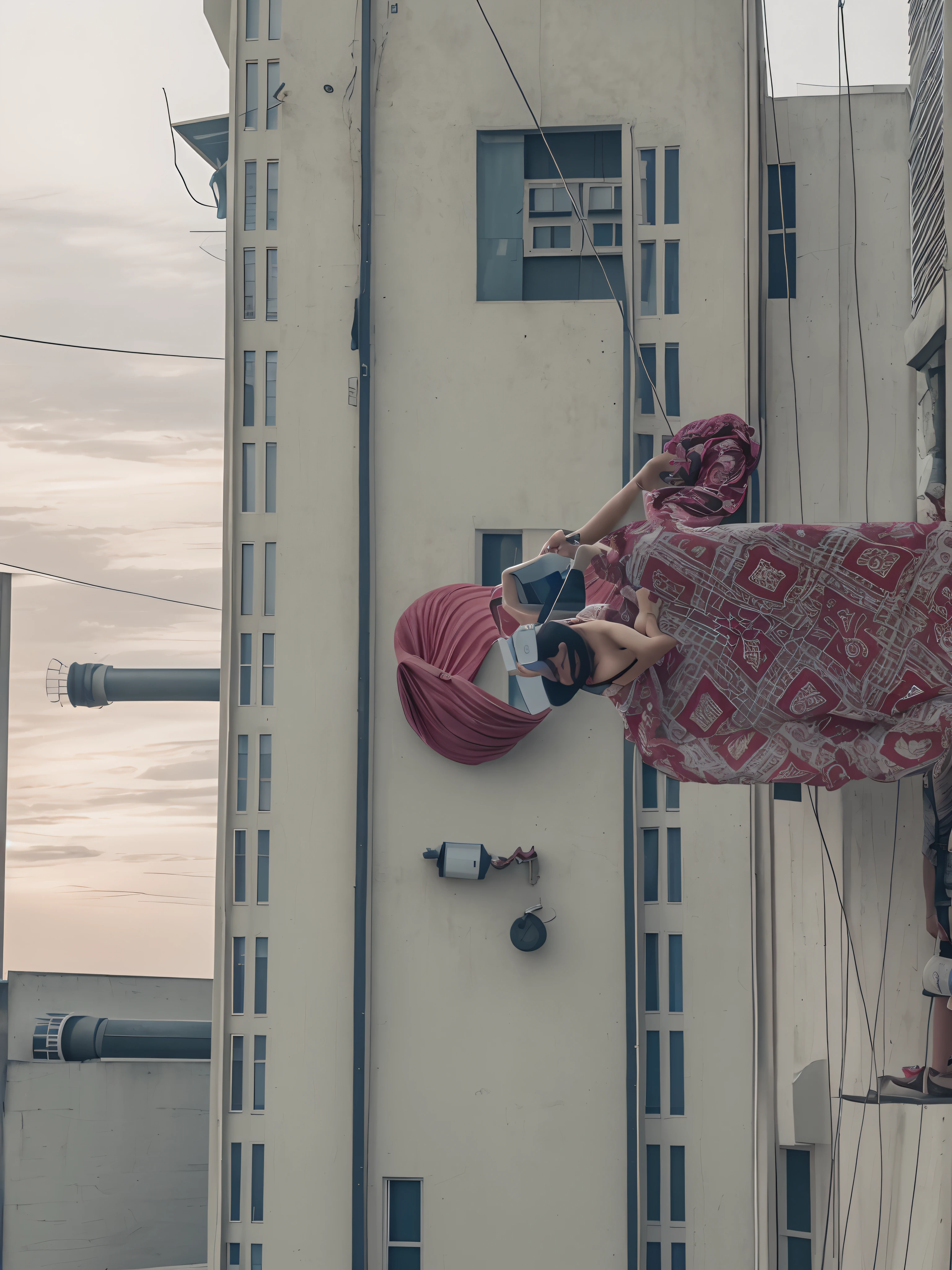 there is a woman standing on a roof with a cell phone, in a rooftop, standing on rooftop, taken with sony alpha 9, taken with a canon dslr camera, very very low quality picture, standing on a rooftop, on rooftop, taken with sony a7r camera, taken with the best dlsr camera, standing outside a house, captured with sony a3 camera