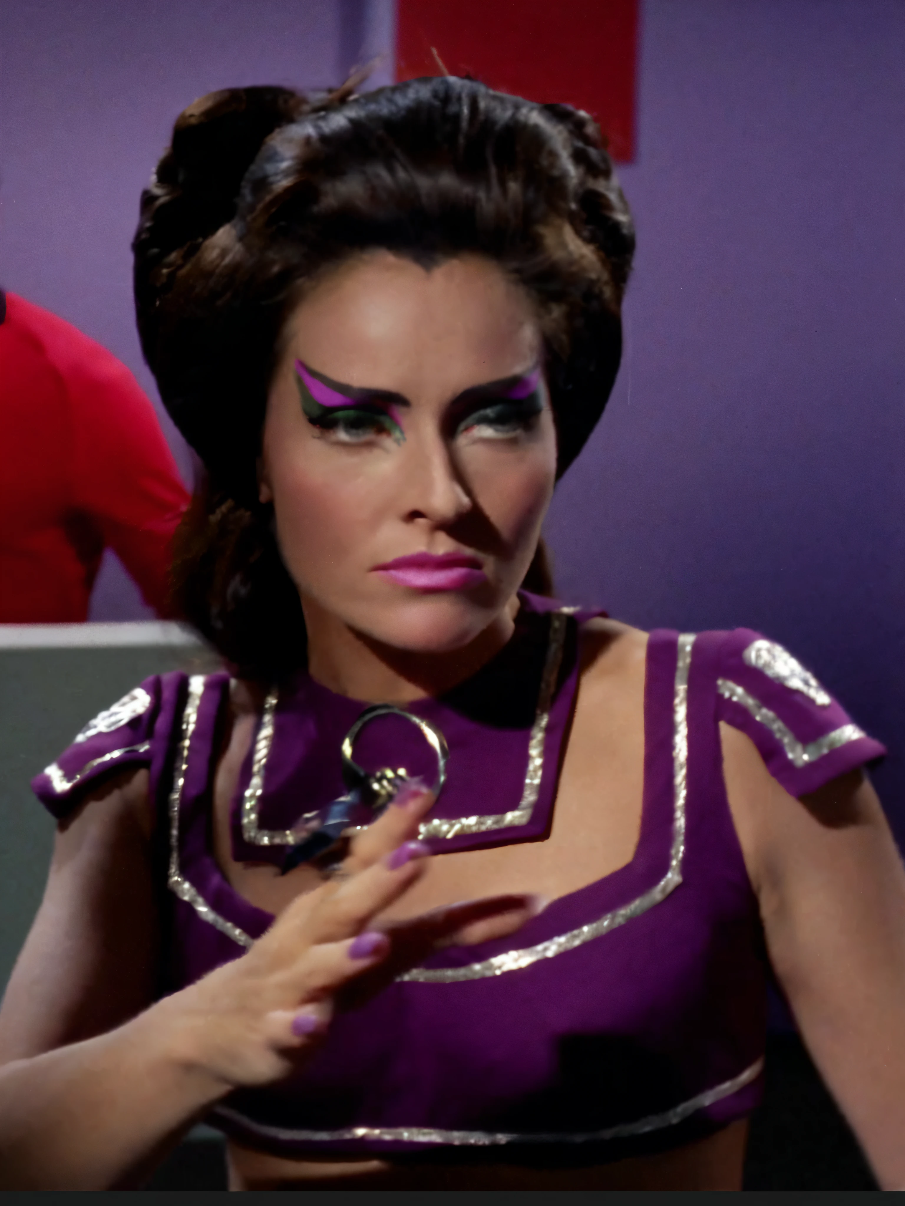 Bodacious curvaceous Oriental woman, wearing bright heavy purple & neon green makeup & elaborately coiffed black hair with side rolls, with 100% anatomically correct fingers & hands, in star trek the original series, in star trek original series episode "That Which Survives", from star trek, film still from star trek, star trek gorgeous Oriental woman, in alien genie outfit, still from star trek, in alien space genie bikini outfit, as a seductive sultry star trek woman, as beautiful star trek alien woman Losira, in a 2-piece alien space bikini genie harem outfit