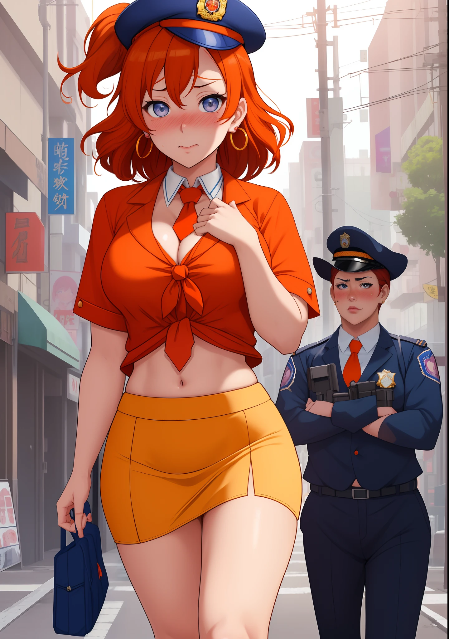 Masterpiece, best quality, (detailed face), kousaka honoka, curvy body, blue eyes, orange hair, cleavage, (embarrassed:1.2),red face ,white shirt,half sleeves,earrings, perfect lightning, pencil skirt, midriff, necktie , standing, arms behind back,police cap,in street,looking at viewer, cowboy shot