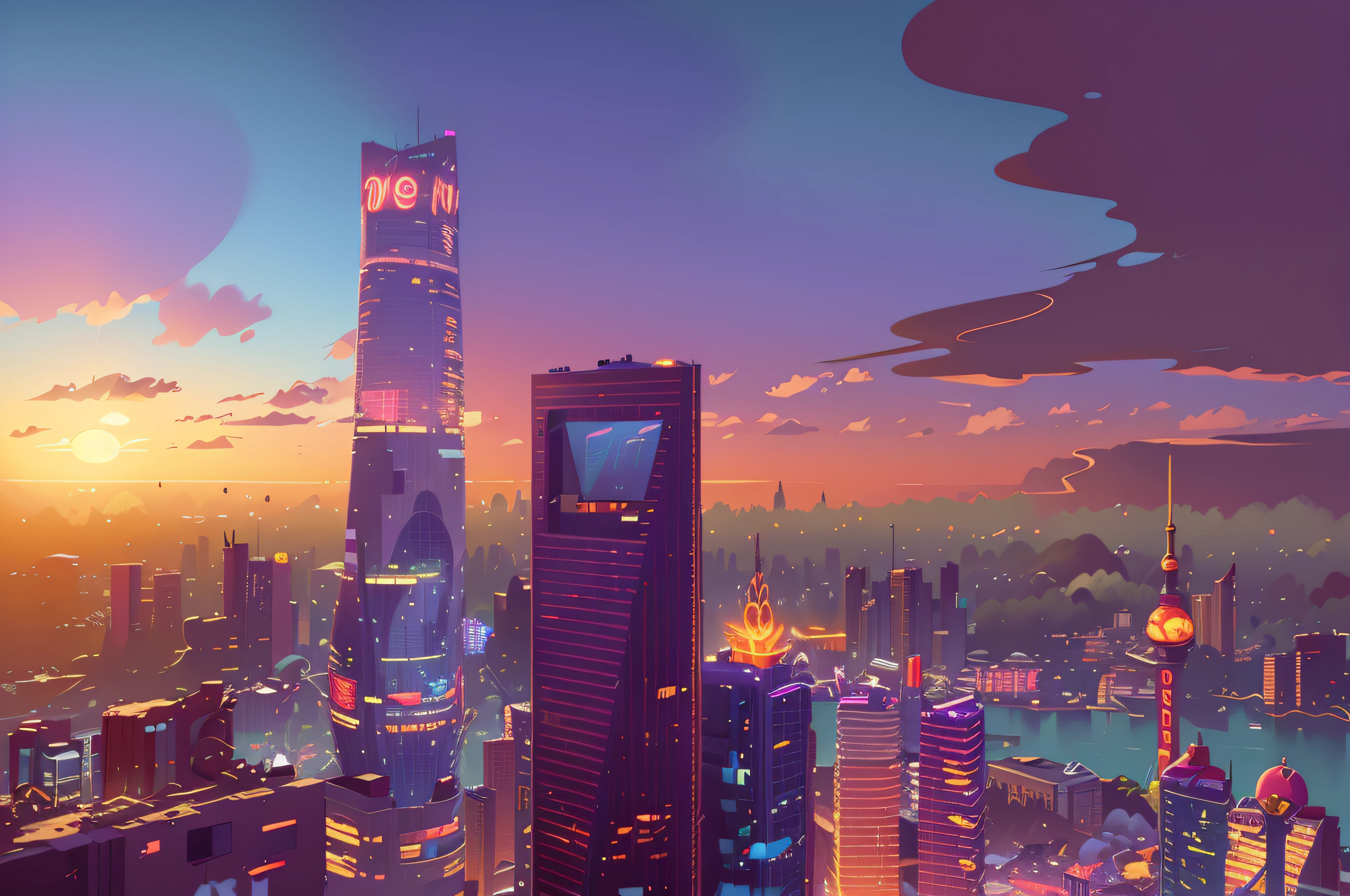 City high-rises，Cartoon illustration style，scenecy，eventide，The colors are bright，Perfect quality，Clear focus（Clutter - home：0.8）， （tmasterpiece：1.2） （realisticlying：1.2）（best qualtiy）（complexdetails） （8K）（Sharp focus）