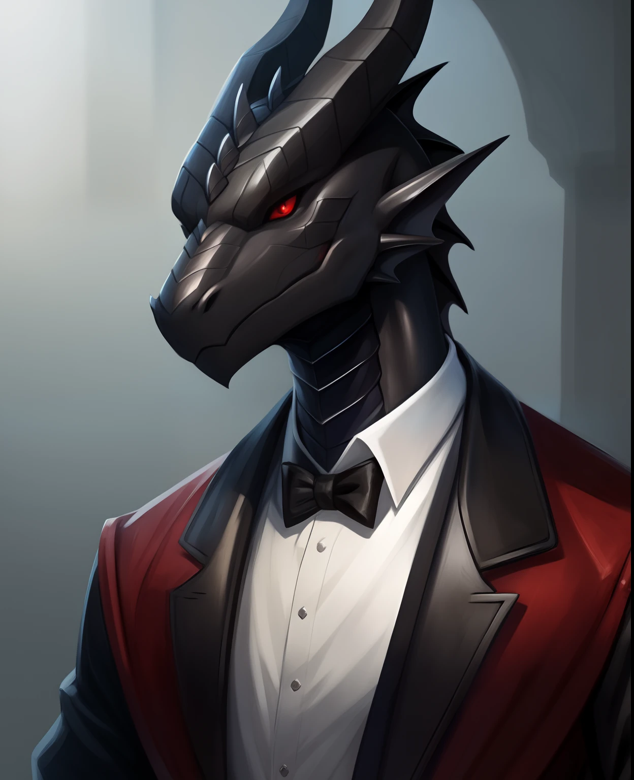 full bodu, male anthropomorphic black dragon with red eyes, anthropomorphic dragon portrait, d&d trending on artstation, character concept art, sleek anthropomorphic dragon head, anthropomorphic dragon with black scales and silver accents, short snout, thin anthropomorphic dragon, black scholar clothes,