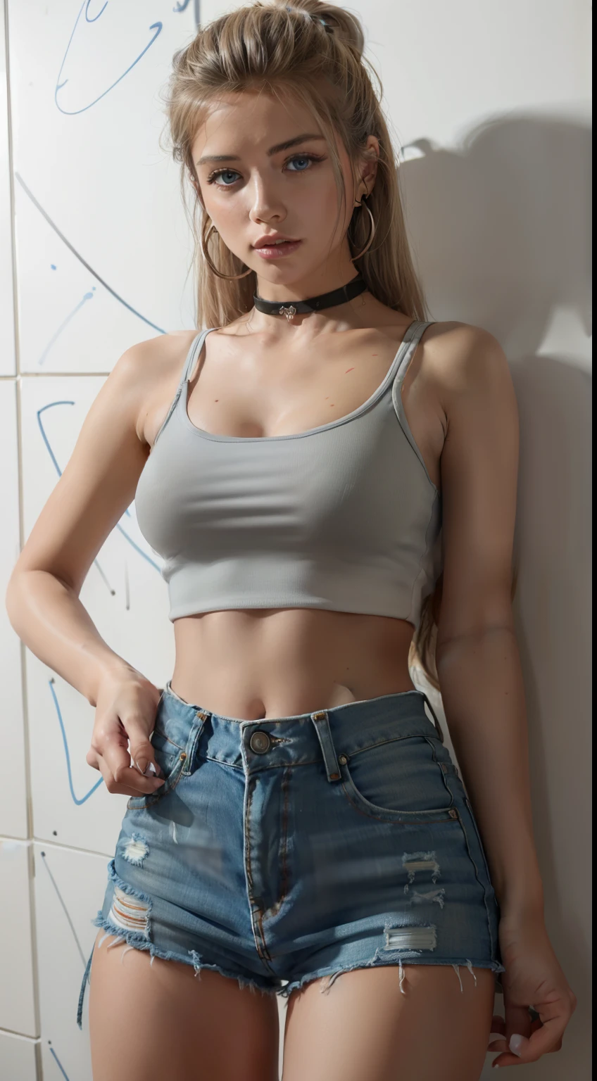 Ultra photo realsisim, Masterpiece, Best quality, 独奏, crop tops, Denim ((Tight miniskirt)), choker necklace, (scribbles:1.5), paint splatter, Hands behind your back, against a wall, looking a viewer, bangle, thigh band, Paint on the body, tilt of the head, Blonde hair, Gray-blue eyes with iris, 8K resolution, intricate clothes, Intricate details,