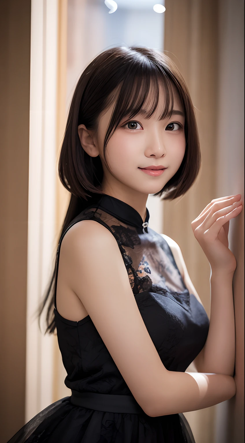 masutepiece, Best Quality, 8K, , Raw photo, absurderes, award winning portrait, Smile, Solo, (Night:1.8), Idol face, violaceaess, Delicate girl, Upper body, Digital SLR, Looking at Viewer, Candid, Sophisticated,Thin arms, Professional Lighting, Film grain, chromatic abberation, (Eyes and faces with detailed:1.0), (Bokeh:1.1) , (qipao dress:1.0) , closes mouth