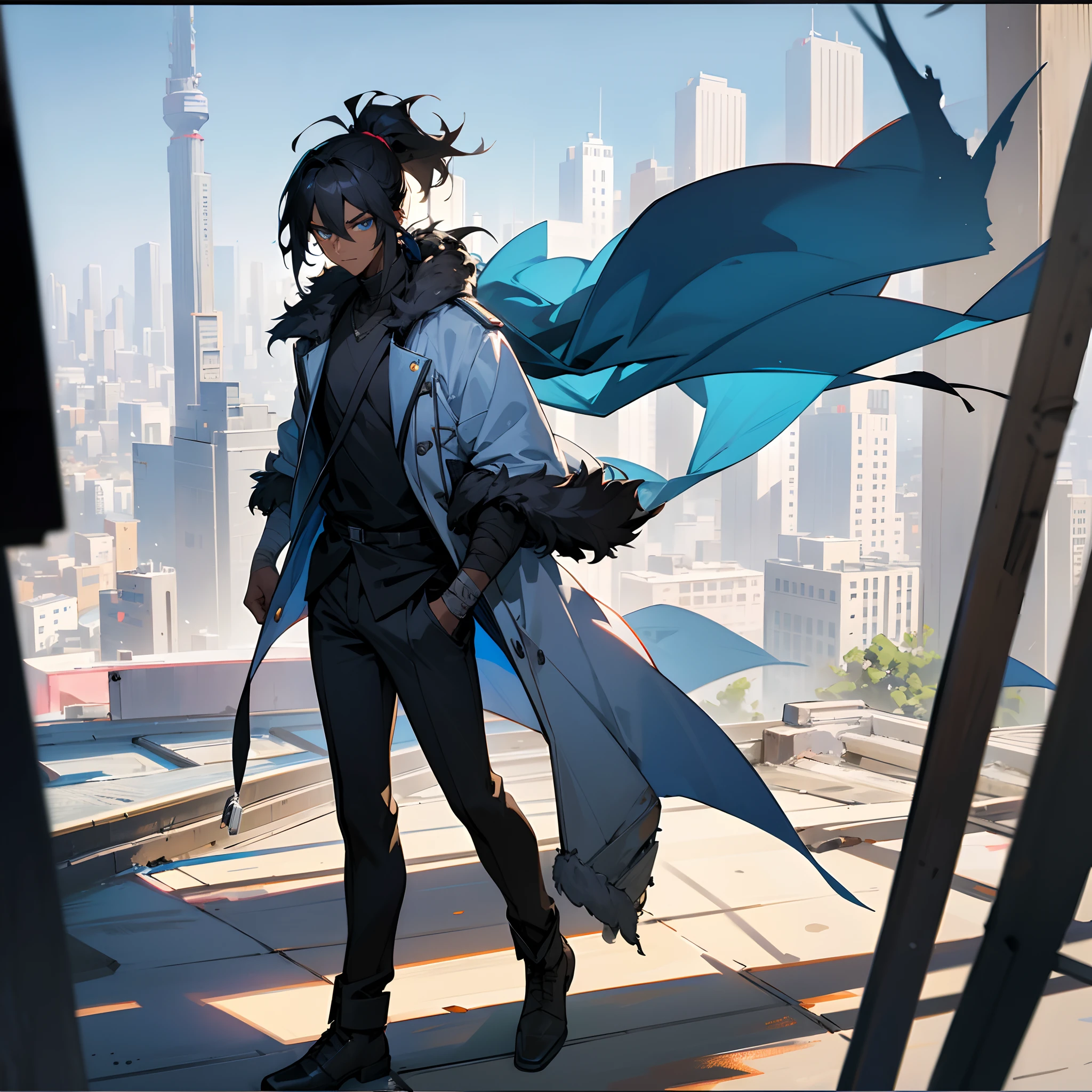 1male, young adult, messy medium length black hair in ponytail, bright blue eyes, walking down path, dark skin, bandages wrapped around arms, best light and shadows, large city, rooftop, posing with hands in pockets, modern clothes, fur jacket