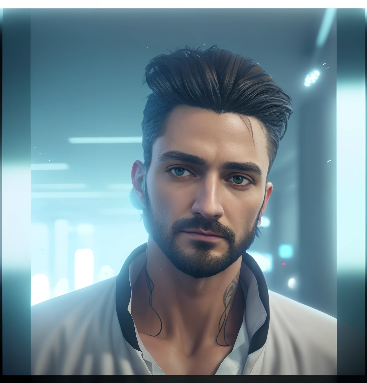 (symmetry),centered,a ((close)) up portrait,(Jesus),a very thin white man with long hair and ,wearing a long white robe,35mm,natural skin,clothes  detail, 8k texture, 8k, insane details, intricate details, hyperdetailedhighly detailed,realistic,soft cinematic light,HDR,sharp focus, ((((cinematic look)))),intricate, elegant, highly detailed Change baground cyberpunk real stic face