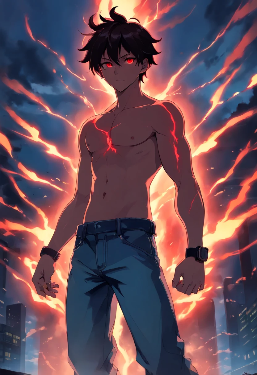 masterpiece, best quality, 1man, mad demon, face to face, black smoke, silhouette, red aura, red eyes,  glowing eyes, small horns, red horns, no shirt, muscular, ripped, red lightning, glowing lightning, brown hair, grey blue jeans,