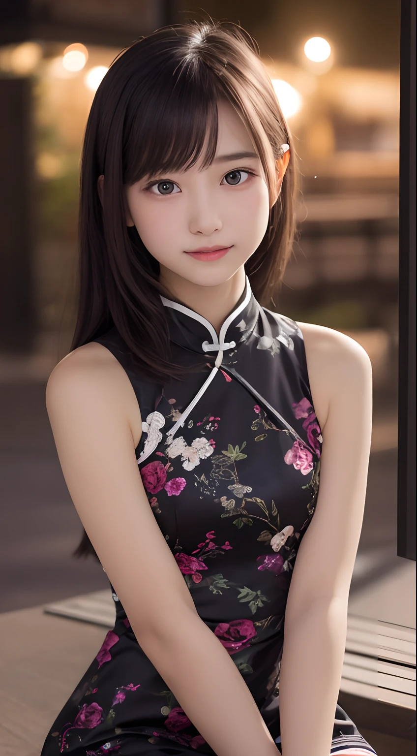 masutepiece, Best Quality, 8K, , Raw photo, absurderes, award winning portrait, Smile, Solo, (Night:1.8), Idol face, violaceaess, Delicate girl, Upper body, Digital SLR, Looking at Viewer, Candid, Sophisticated,Thin arms, Professional Lighting, Film grain, chromatic abberation, (Eyes and faces with detailed:1.0), (Bokeh:1.1) , (qipao dress:1.0) , closes mouth