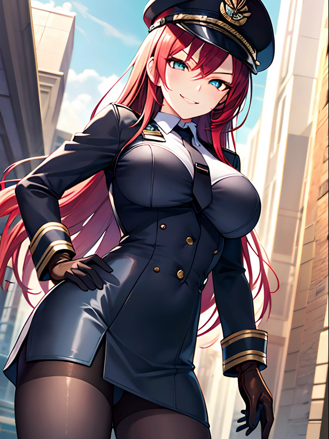 Highly detailed and realistic CG, Colorful, Masterpiece, Best Quality, jewel-like eyes, 1girl, solo, cute girl, red hair, shiny hair, midium hair, black military suits, black military cap, black elbow gloves, black pantyhose, amber eyes, necktie, brown military boots, hand on hip, contrapposto, evil smile, seductive smile, smirk, from below, large breasts, layered skirt, outdoors, building, dutch angle, villain, latex, shiny skin,