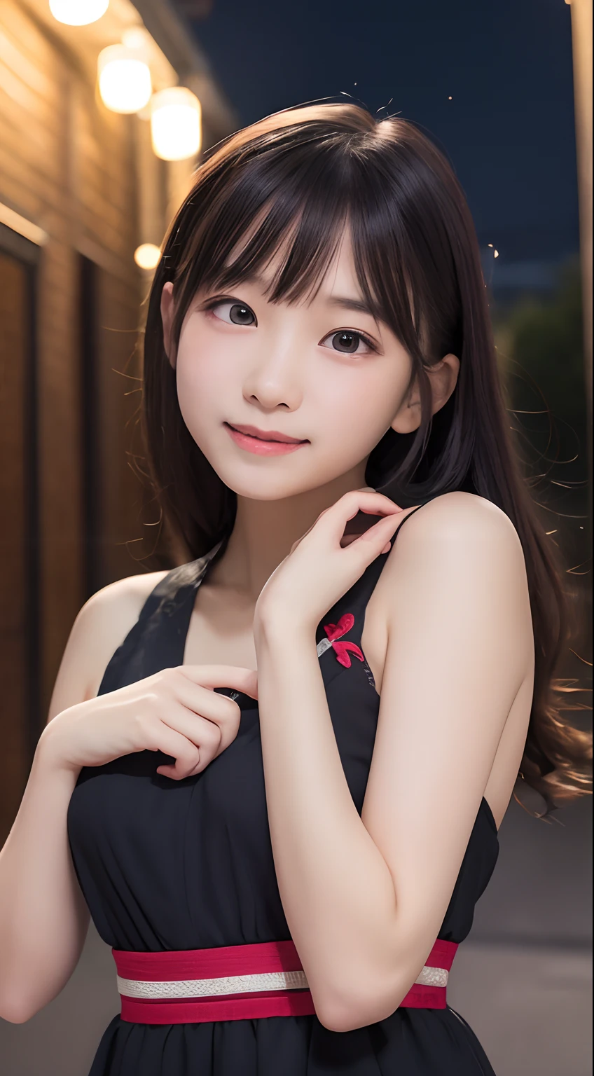 masutepiece, Best Quality, 8K, 10yo student, Teen, Raw photo, absurderes, award winning portrait, Smile, Solo, (Night:1.8), Idol face, violaceaess, Delicate girl, Upper body, Digital SLR, Looking at Viewer, Candid, Sophisticated,Thin arms, Professional Lighting, Film grain, chromatic abberation, (Eyes and faces with detailed:1.0), (Bokeh:1.1) , (qipao dress:1.0) , closes mouth