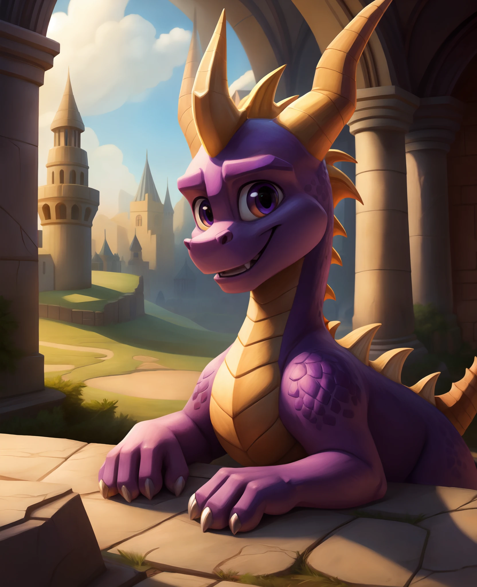 spyro furry, detailed extremely , masterpiece, looking viewer, detailed background, happy,