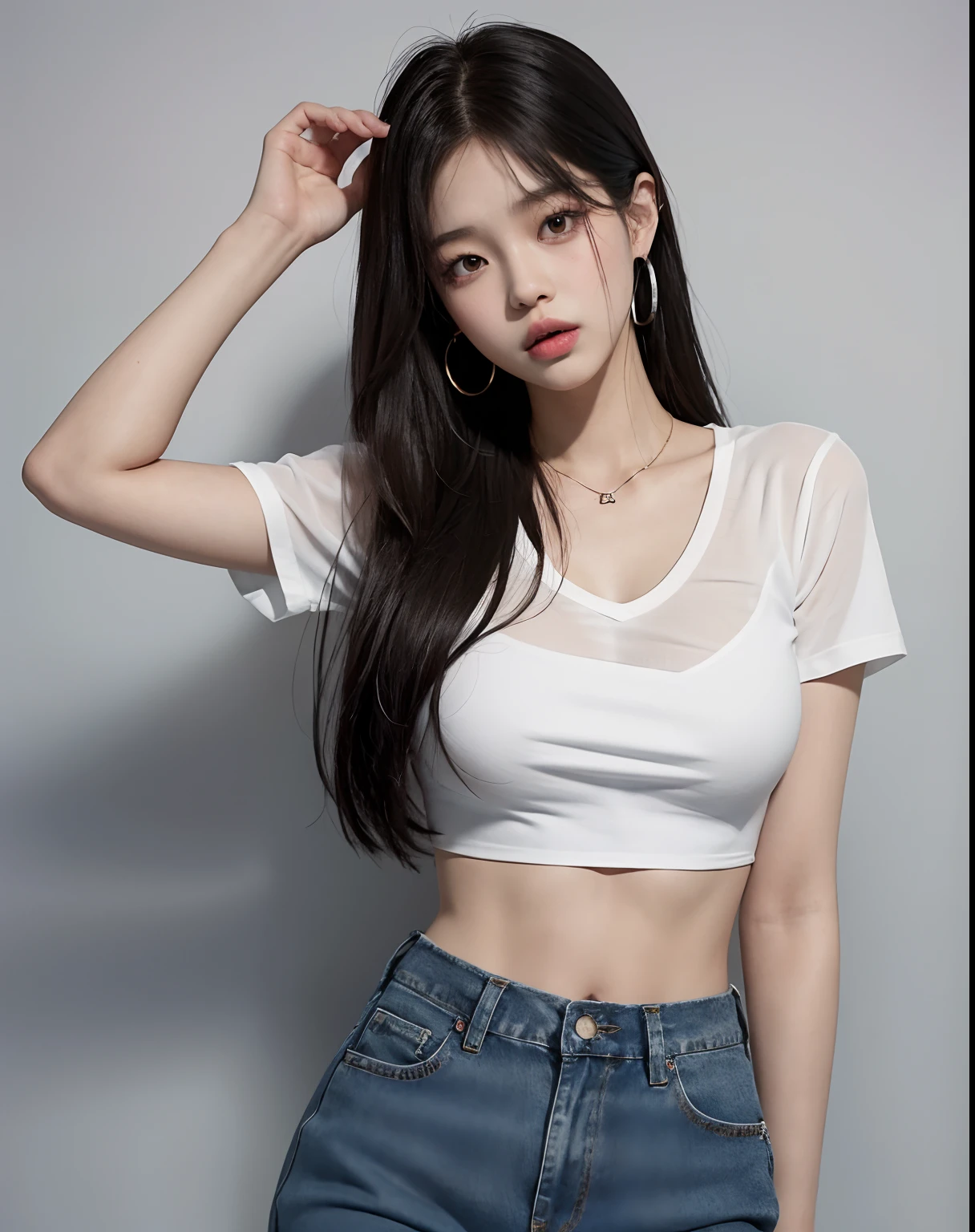 1girl in a white top and jeans posing for a picture, blackpink jennie, roseanne park of blackpink, jossi of blackpink, lee ji-eun, lee ji - eun, jaeyeon nam, lei min, jisoo from blackpink, seseon yoon, leaked image, bae suzy, jisoo of blackpink, jinyoung shin, photo of slim girl model, sexy pose, abs, kazuha leeserafim