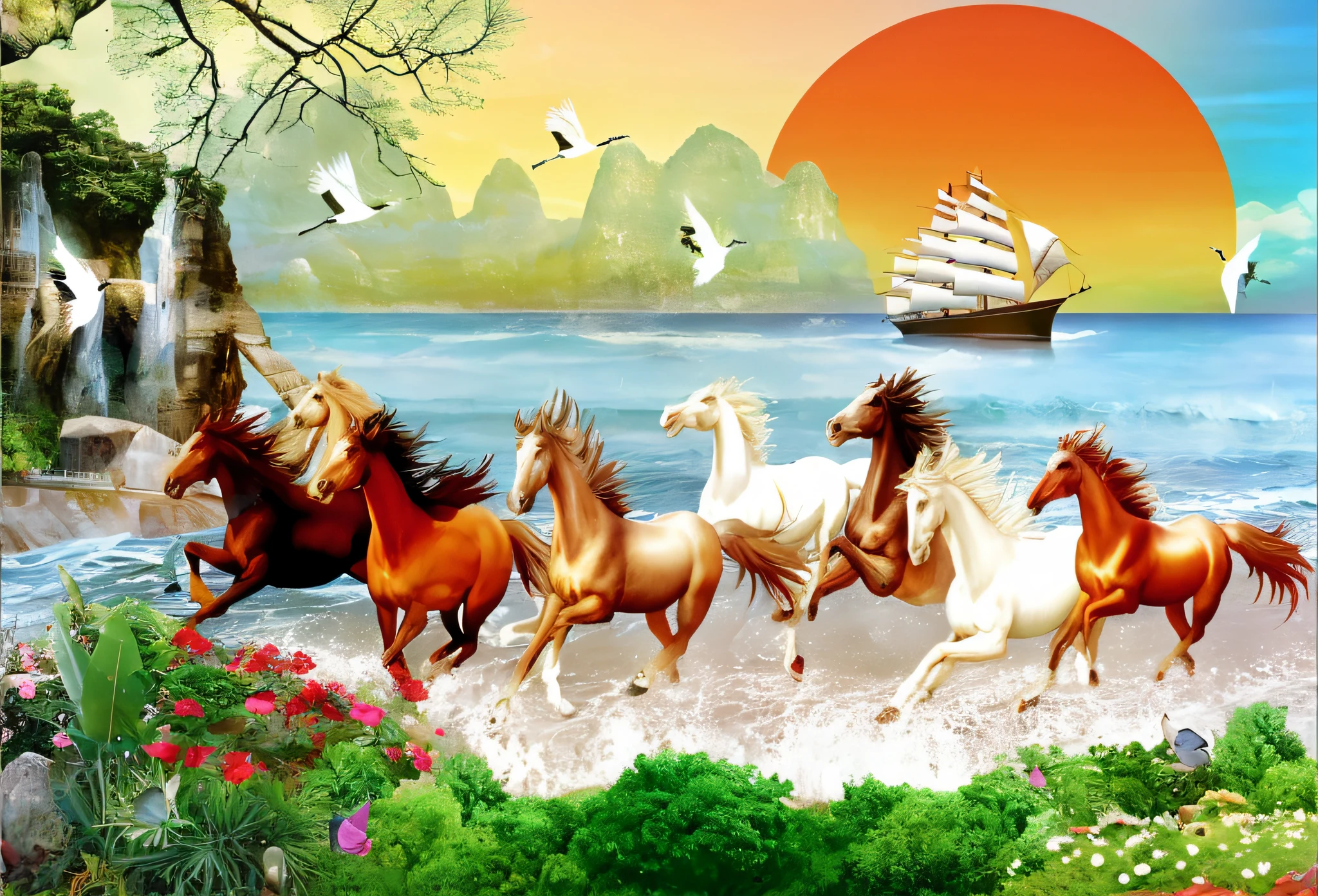 horses running on the beach with a ship in the background, the see horse valley, hd wallpaper, wallpaper background, horses, harmony of nature, by Ju Lian, inspired by John Frederick Herring, Sr., 4 k hd wallpaper illustration, wallpaper hd, amazing background, horses in run, beautiful graphics, wallpaper - 1 0 2 4, very beautiful digital art, beautiful digital art